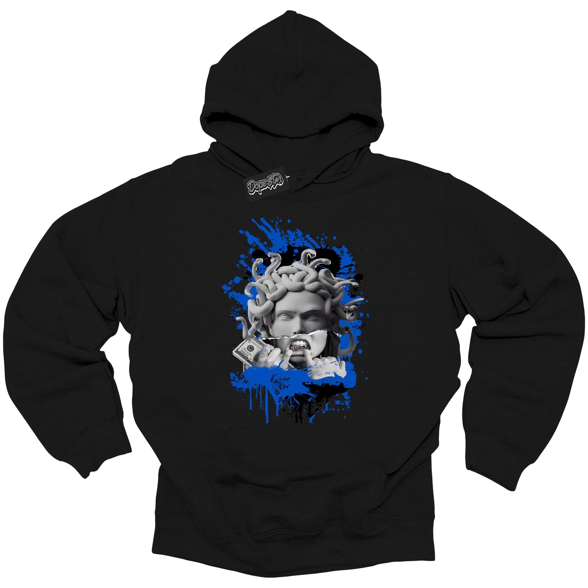 Cool Black Hoodie with “ Medusa ”  design that Perfectly Matches  Royal Reimagined 1s Sneakers.