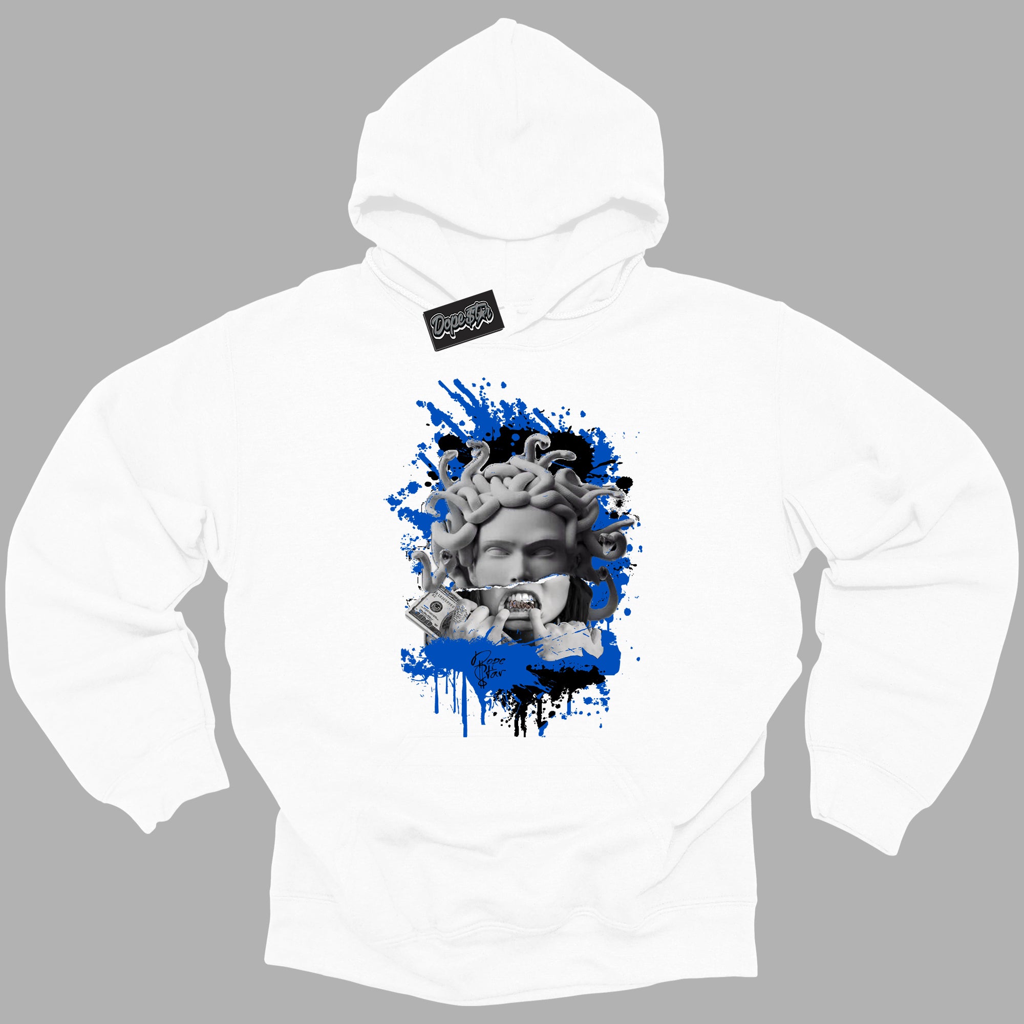 Cool White Hoodie with “ Medusa ”  design that Perfectly Matches Royal Reimagined 1s Sneakers.