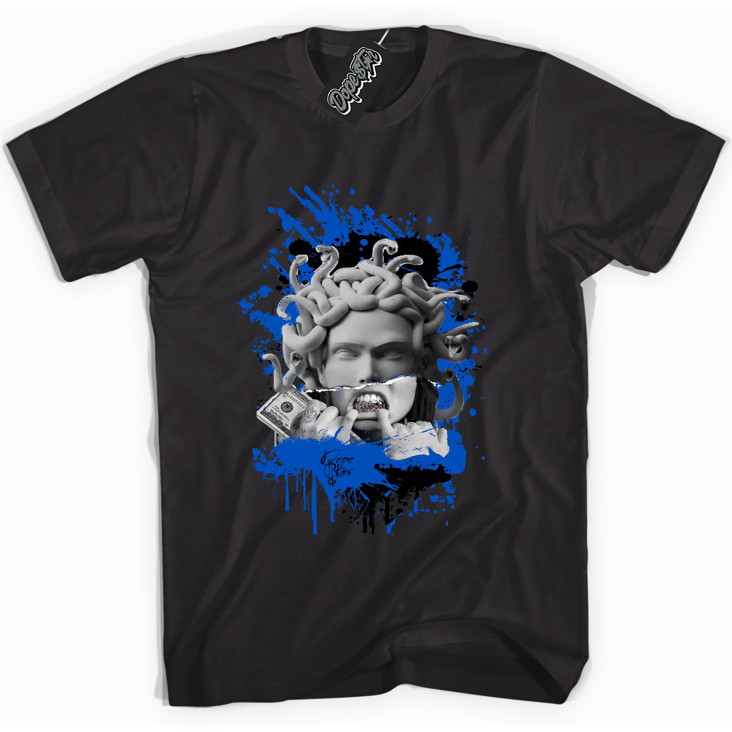 Cool Black graphic tee with "Medusa" design, that perfectly matches Royal Reimagined 1s sneakers 
