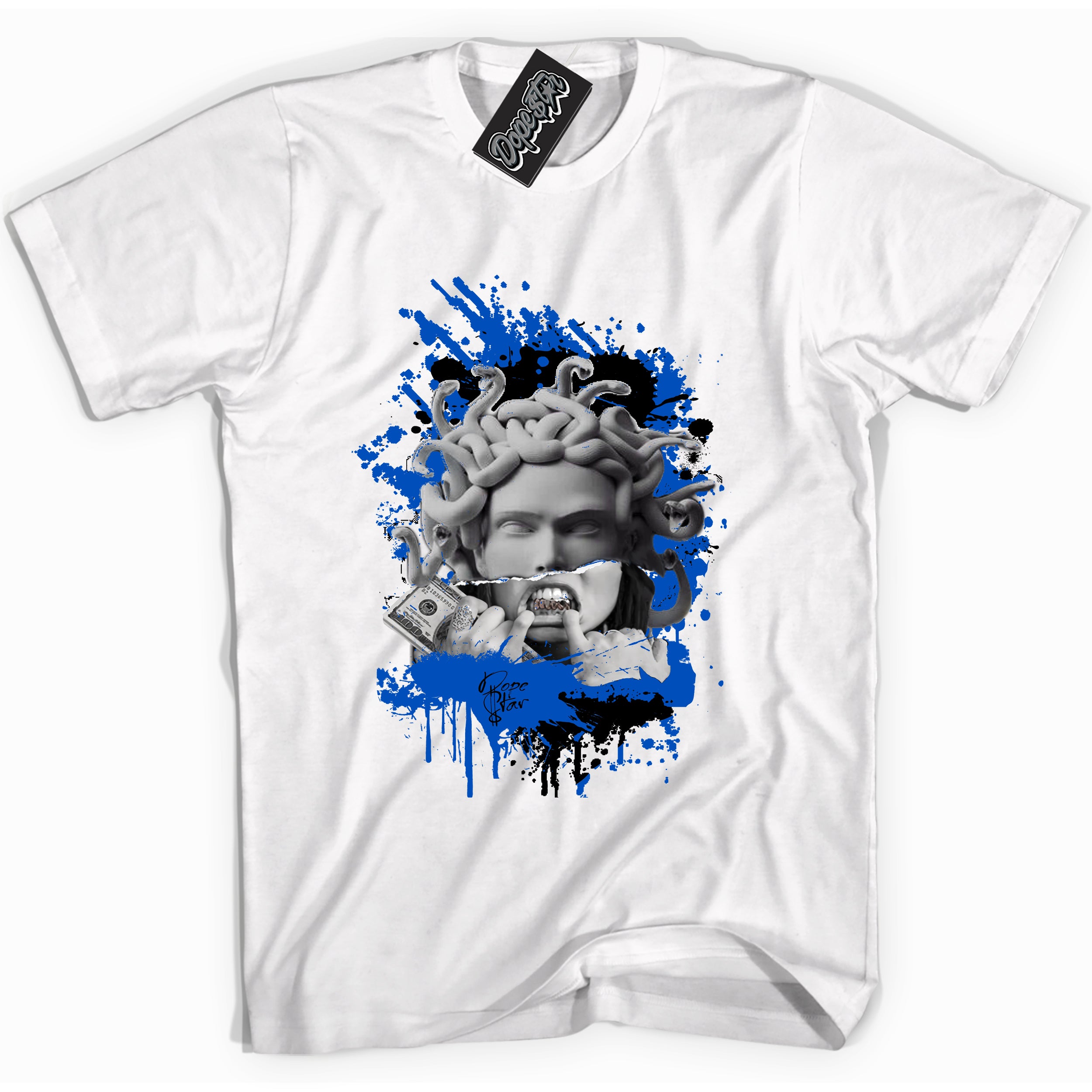 Cool White graphic tee with "Medusa" design, that perfectly matches Royal Reimagined 1s sneakers 