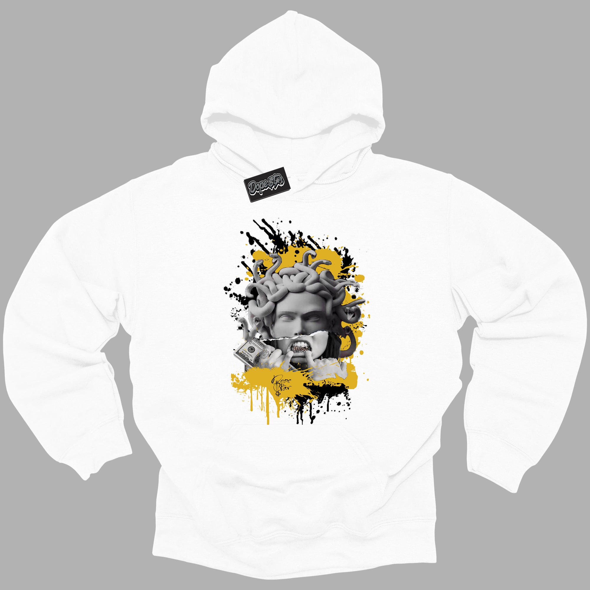 Cool White Hoodie with “ Medusa ”  design that Perfectly Matches Yellow Ochre 6s Sneakers.