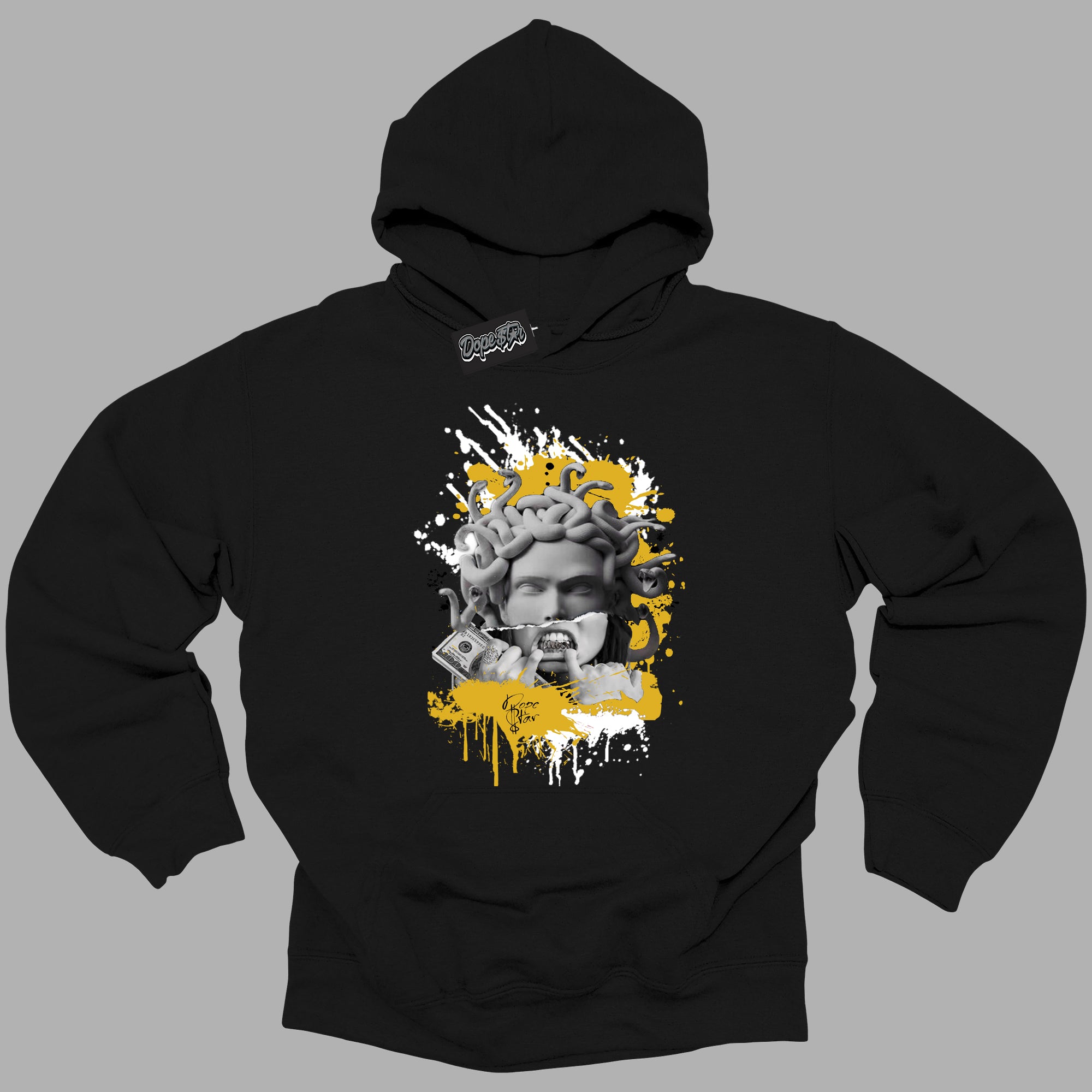 Cool Black Hoodie with “ Medusa ”  design that Perfectly Matches Yellow Ochre 6s Sneakers.