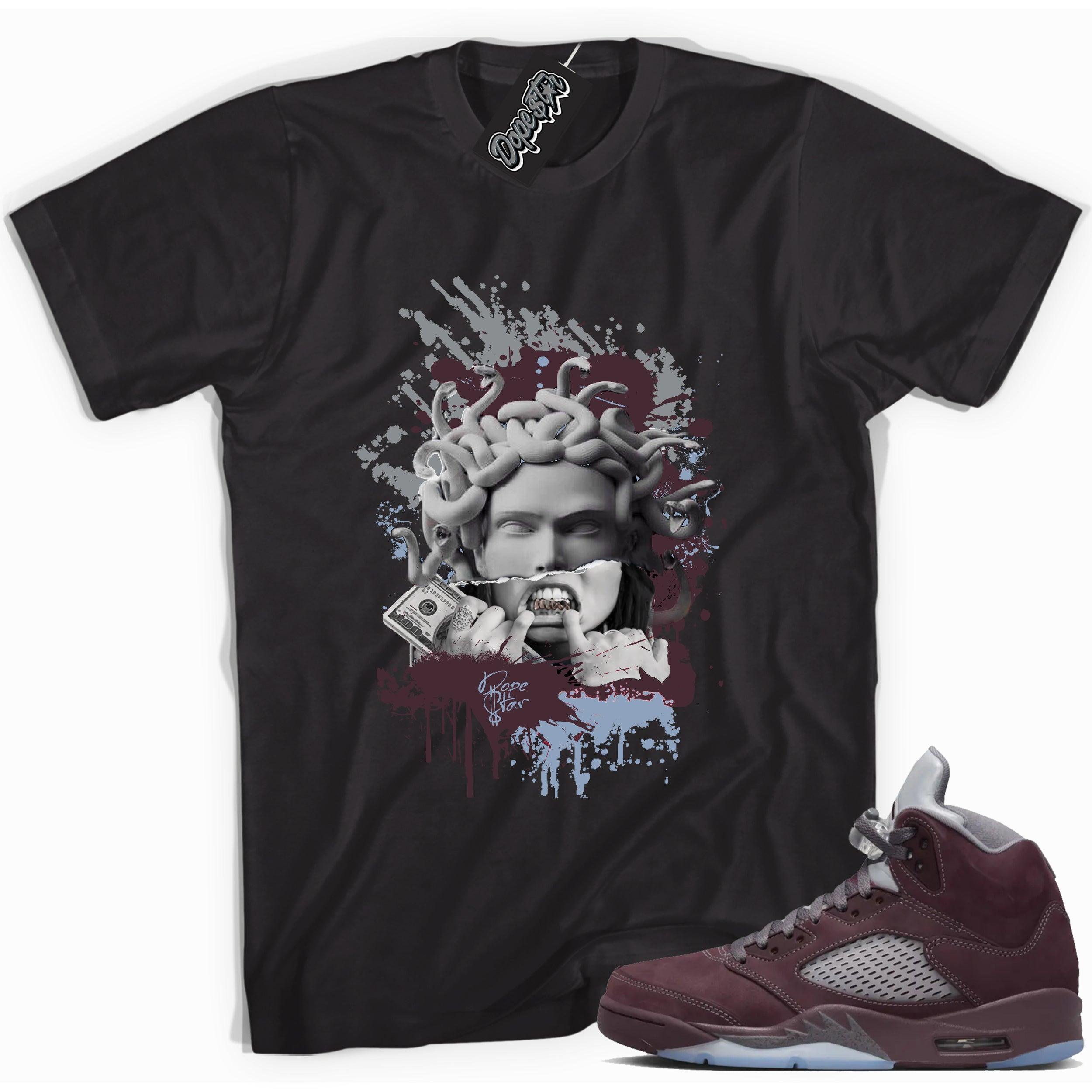 Cool Black graphic tee with “  Medusa ” print, that perfectly matches Air Jordan 5 Burgundy 2023 sneakers 