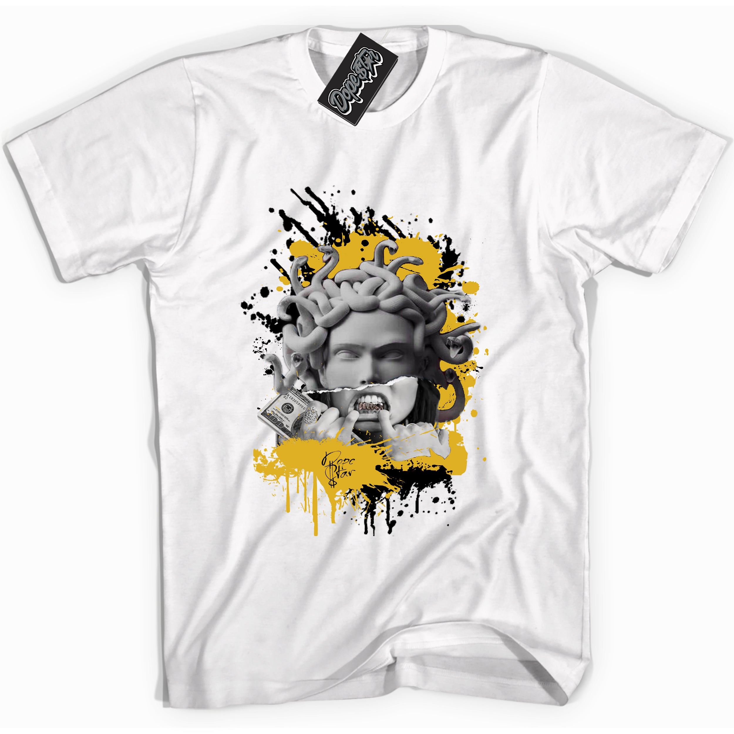 Cool White Shirt with “ Medusa” design that perfectly matches Yellow Ochre 6s Sneakers.