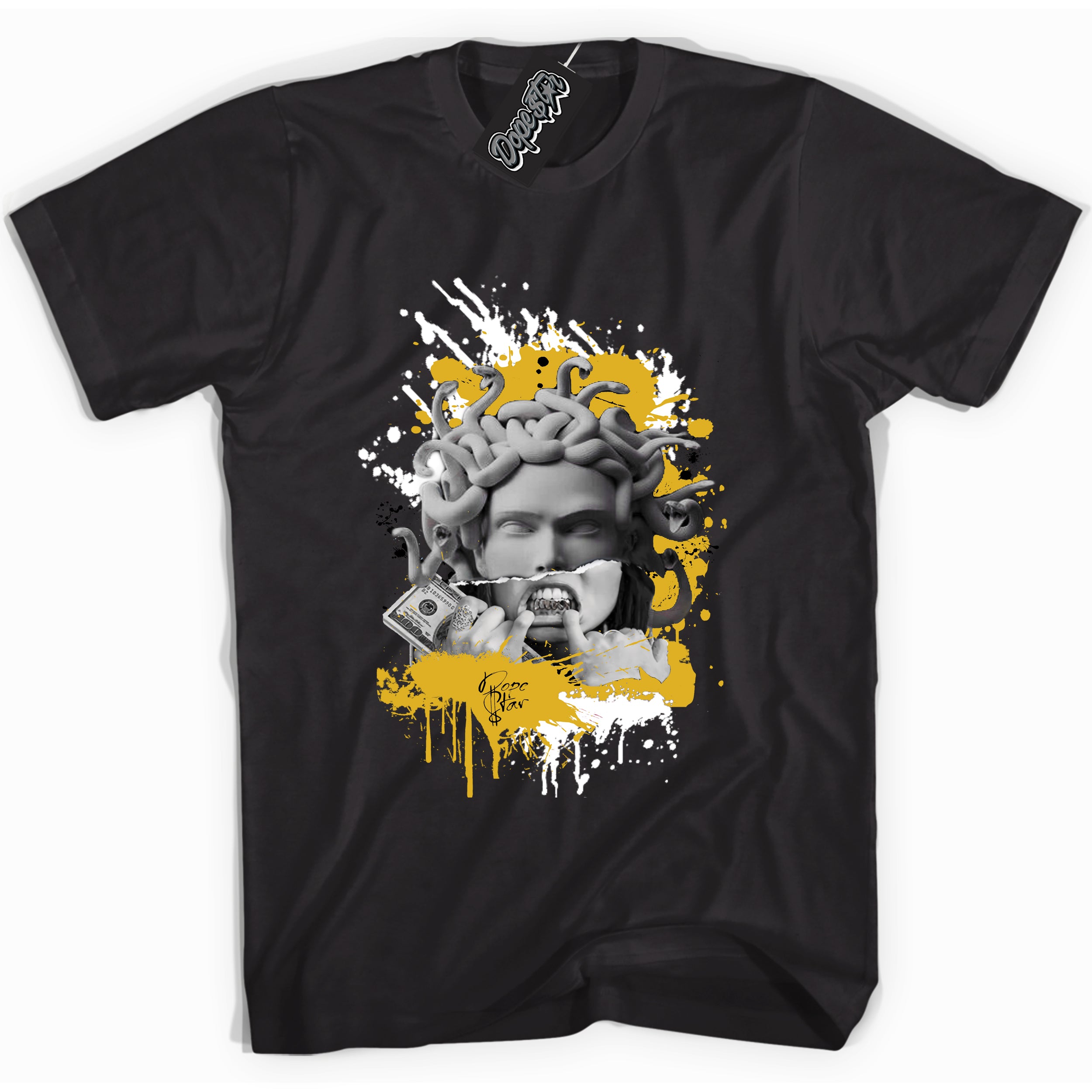 Cool Black Shirt with “ Medusa ” design that perfectly matches Yellow Ochre 6s Sneakers.