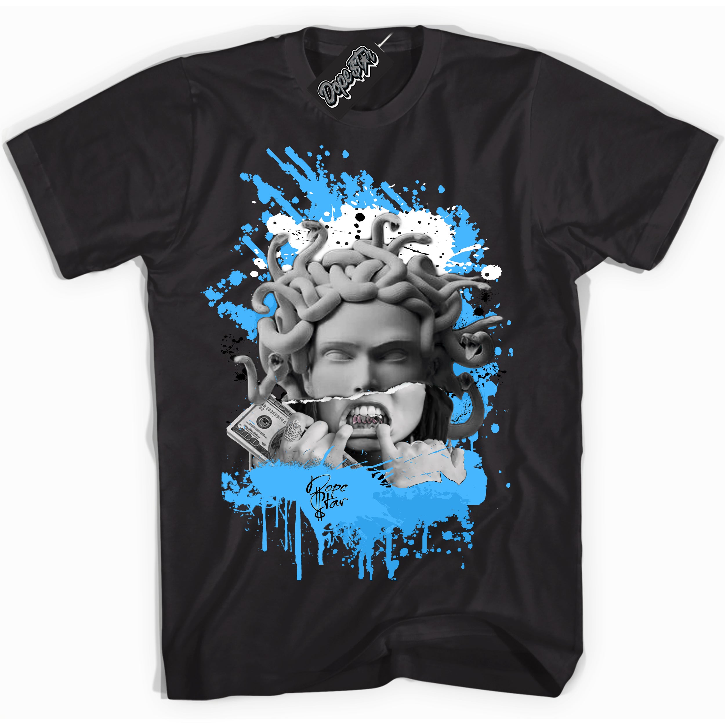 Cool Black graphic tee with “ Medusa ” design, that perfectly matches Powder Blue 9s sneakers 