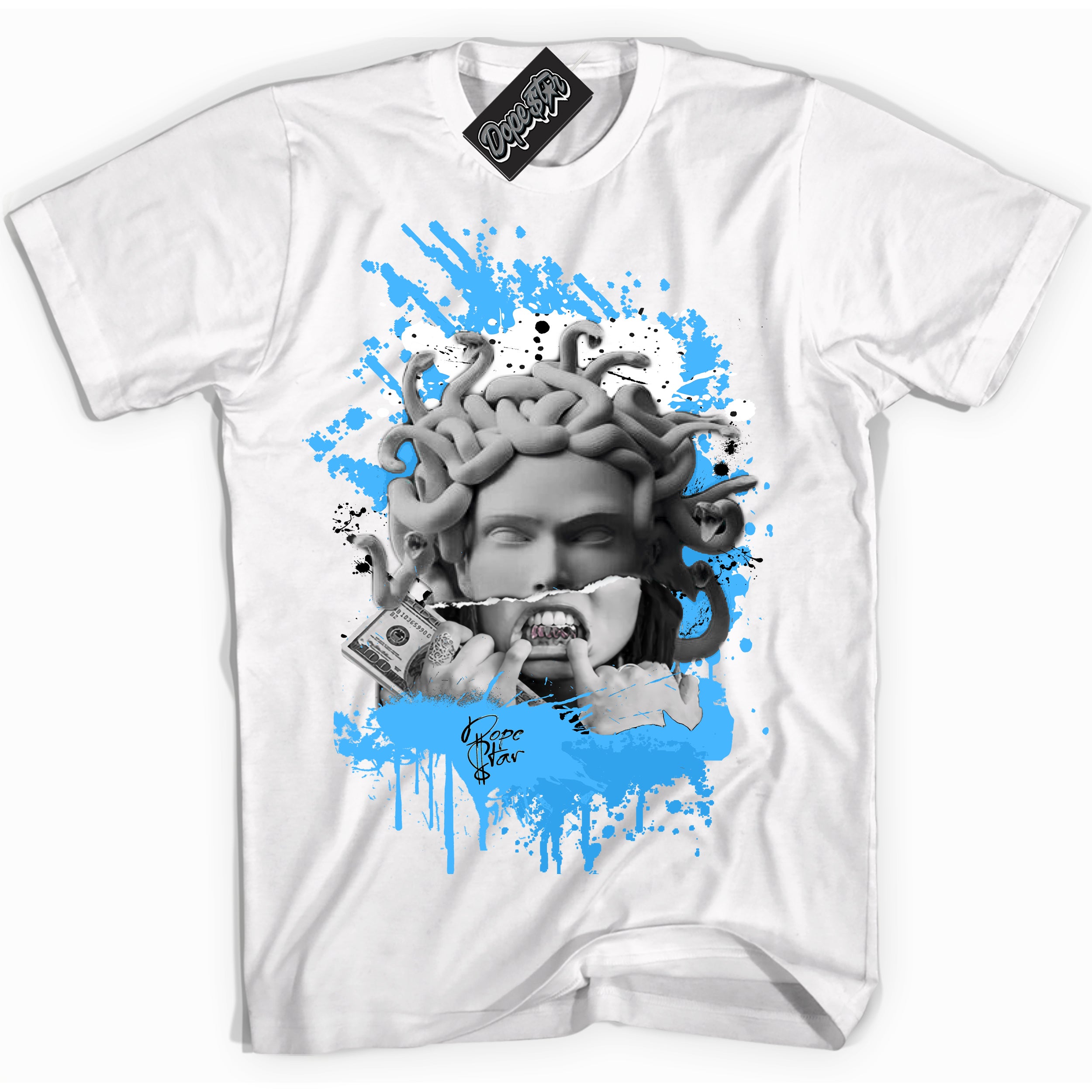 Cool White graphic tee with “ Medusa ” design, that perfectly matches Powder Blue 9s sneakers 