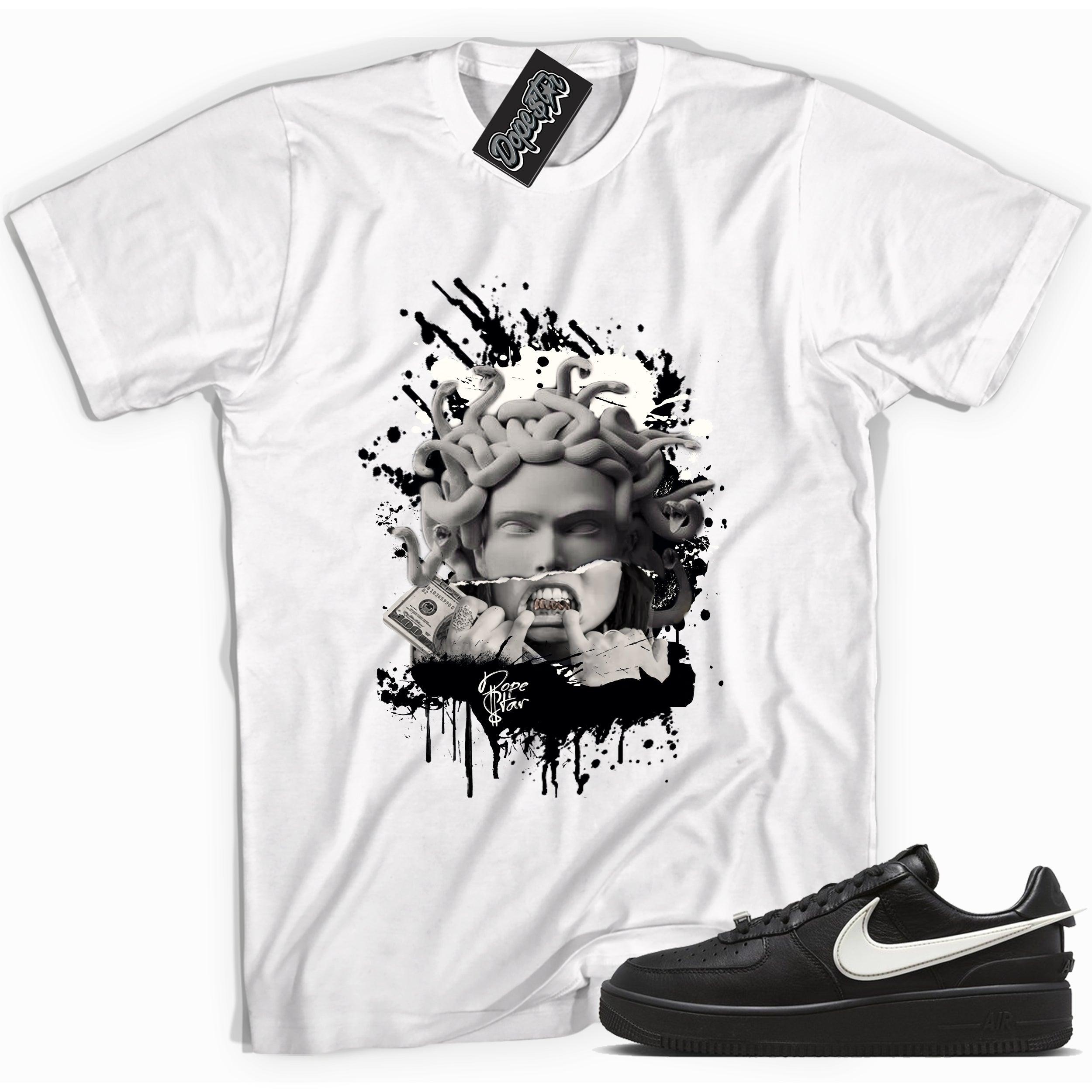 Cool white graphic tee with 'medusa' print, that perfectly matches Nike Air Force 1 Low SP Ambush Phantom sneakers.