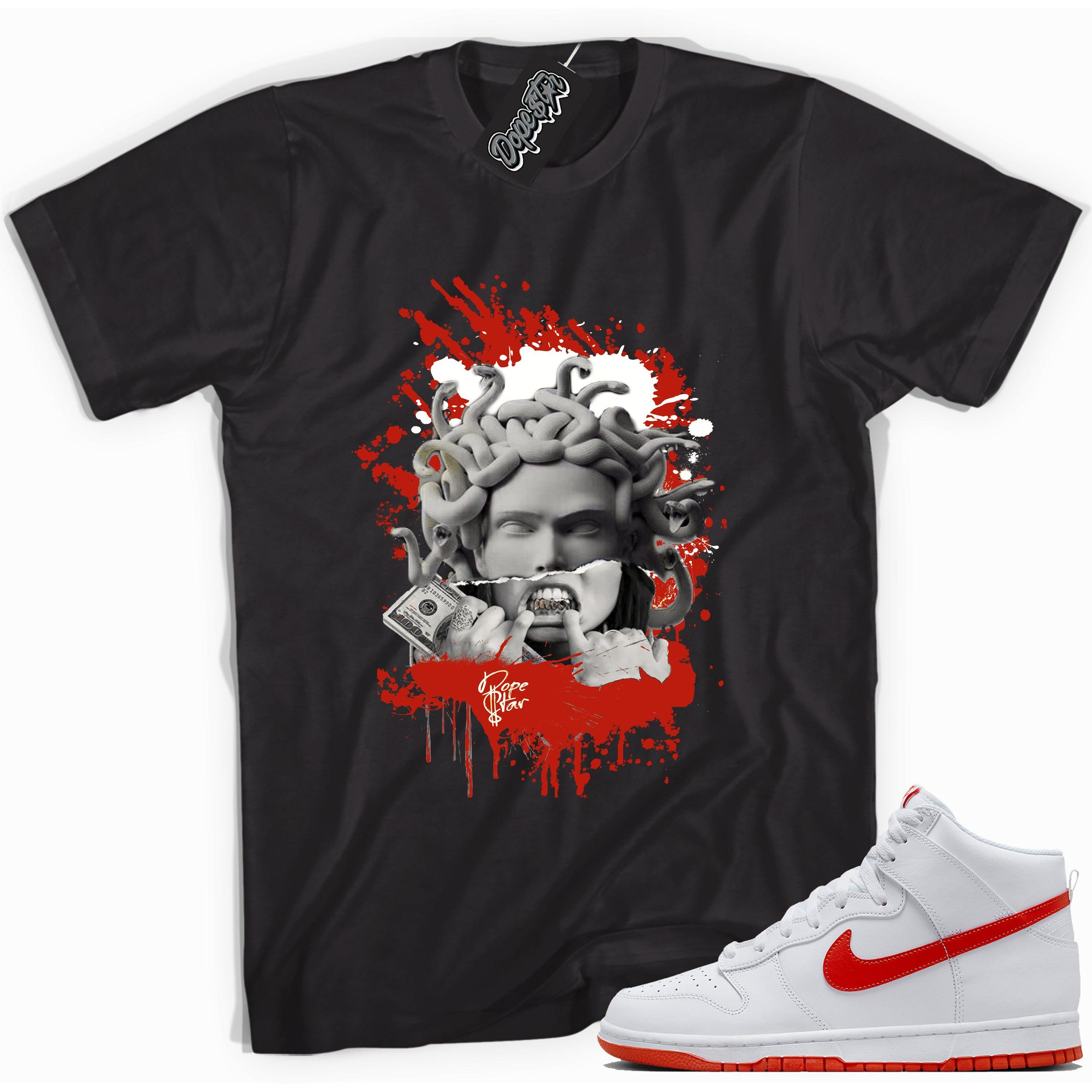 Cool black graphic tee with 'medusa' print, that perfectly matches Nike Dunk High White Picante Red sneakers.