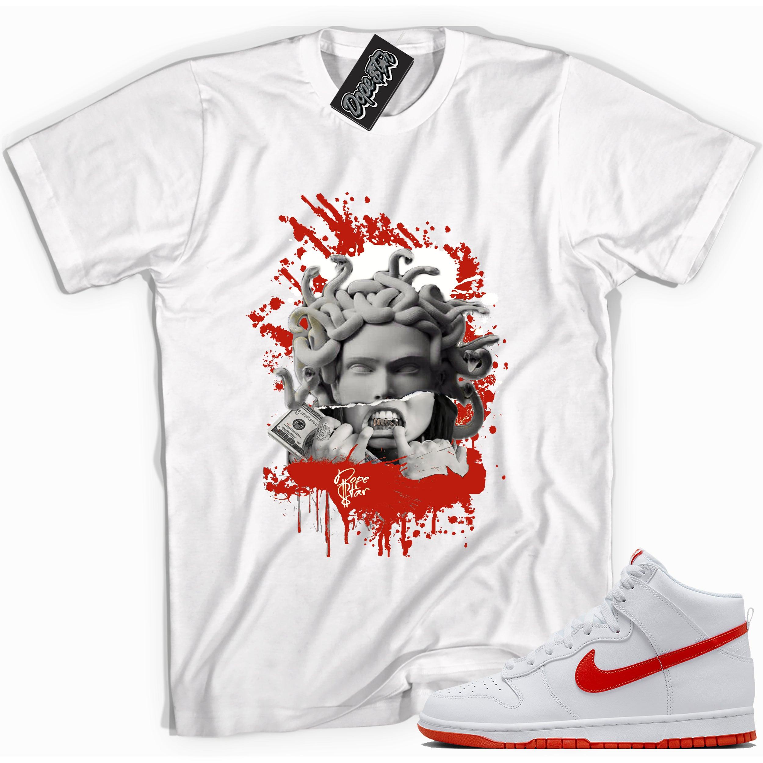 Cool white graphic tee with 'medusa' print, that perfectly matches Nike Dunk High White Picante Red sneakers.