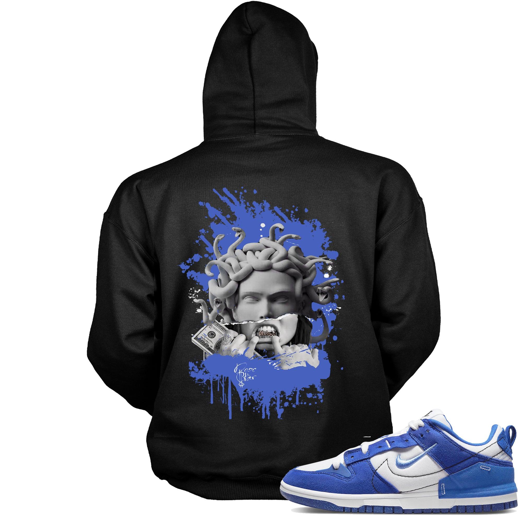 Cool Black Graphic Hoodie with “ MEDUSA “ print, that perfectly matches Nike Dunk Disrupt 2 Hyper Royal sneakers