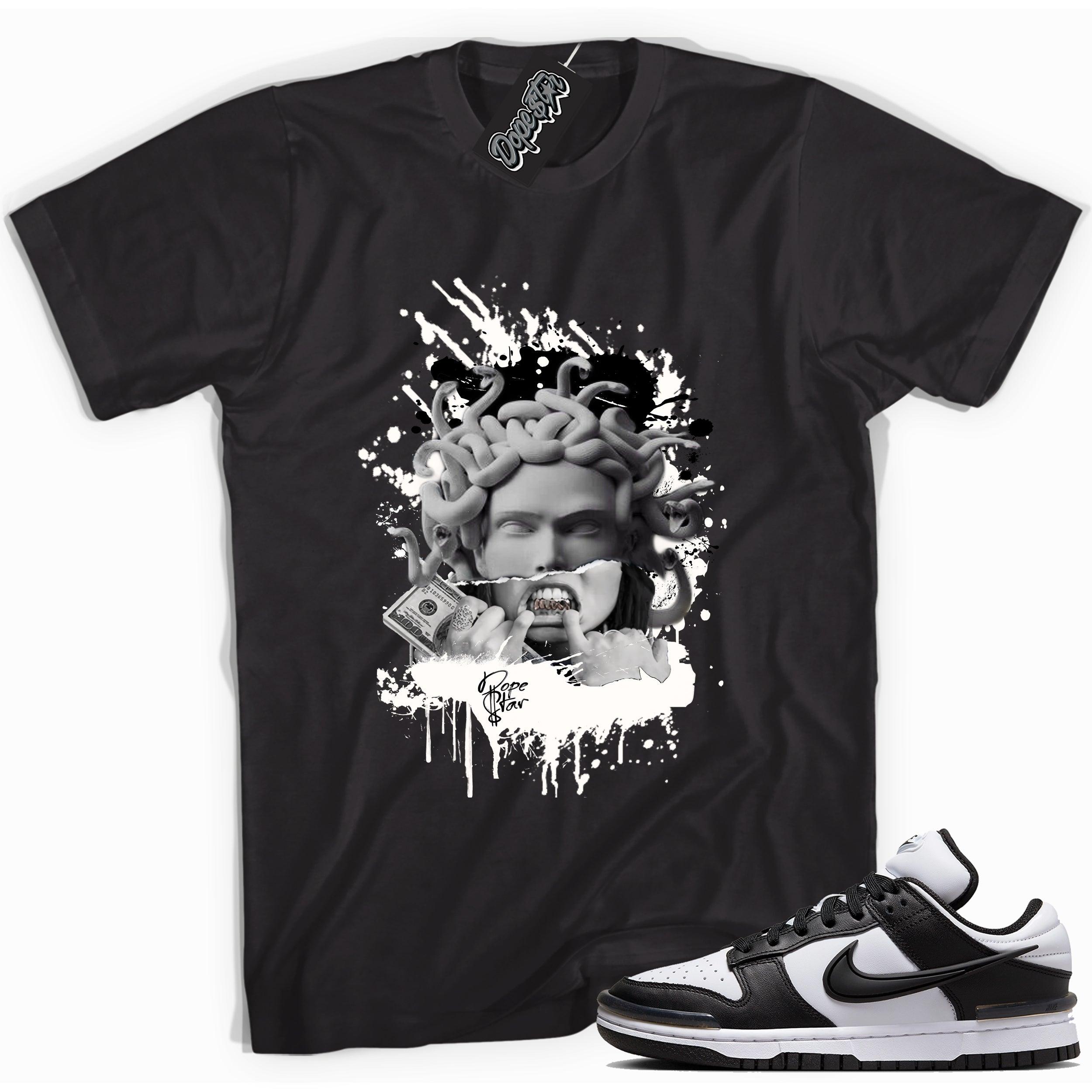 Cool black graphic tee with 'medusa' print, that perfectly matches Nike Dunk Low Twist Panda sneakers.