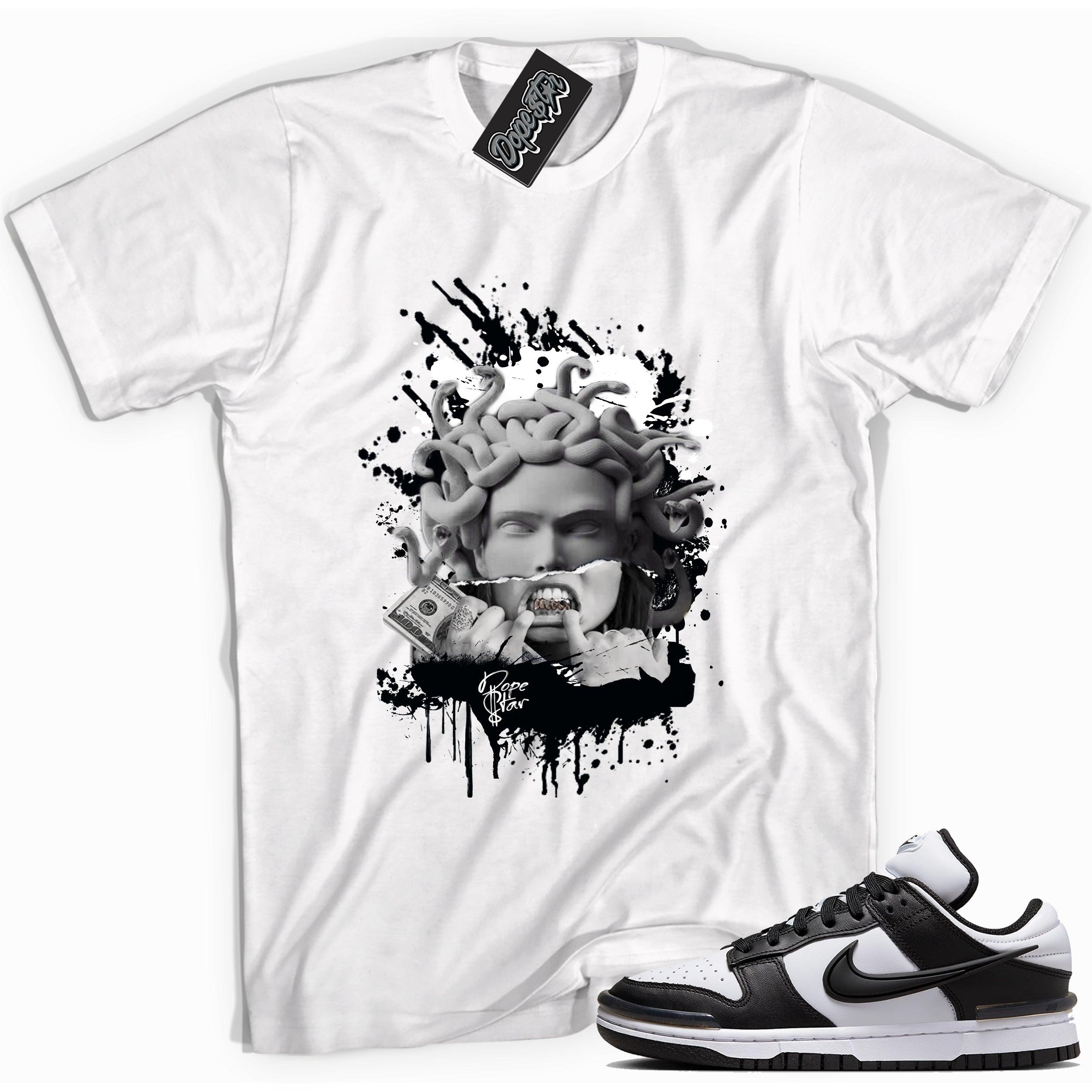Cool white graphic tee with 'medusa' print, that perfectly matches Nike Dunk Low Twist Panda sneakers.