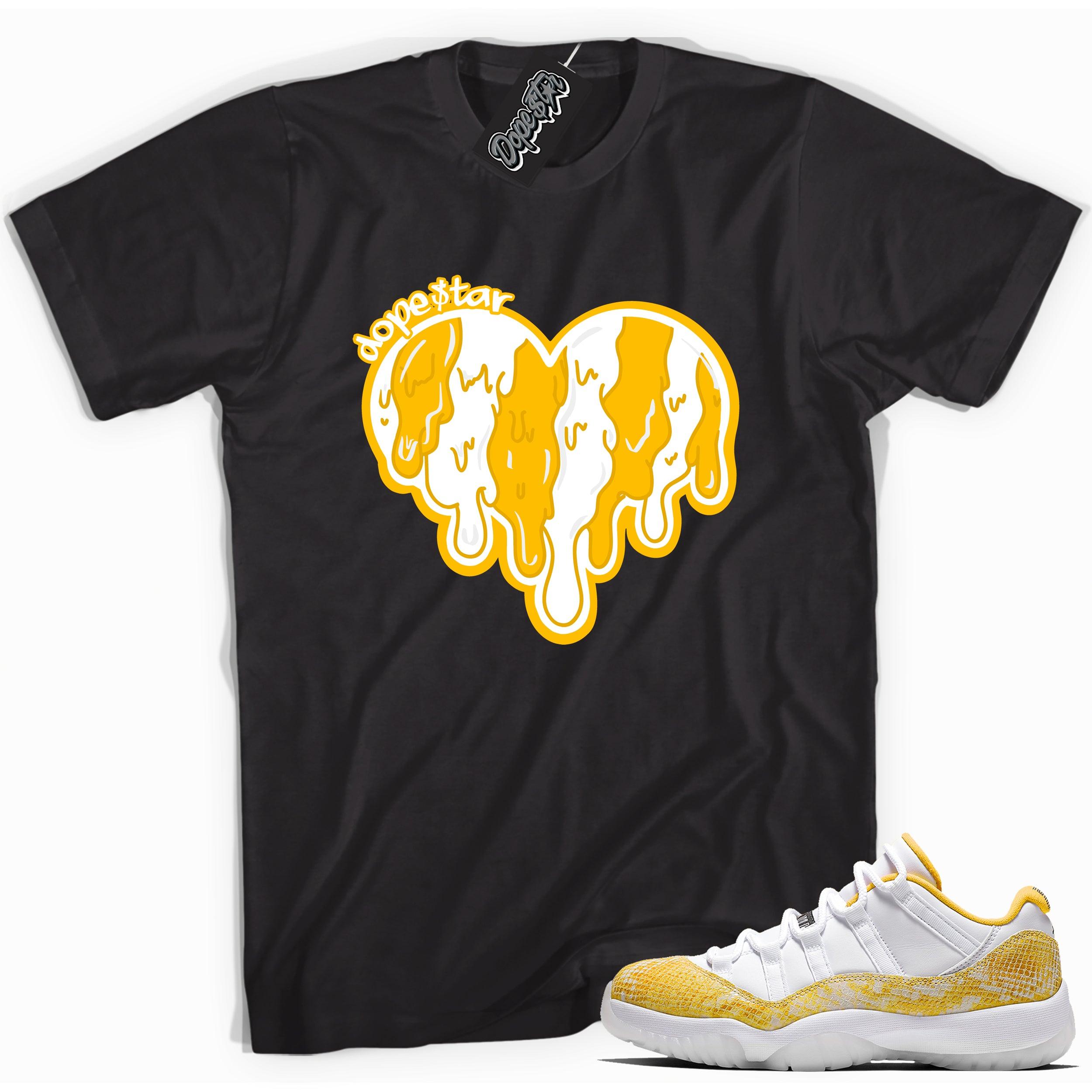 Cool black graphic tee with 'melting heart' print, that perfectly matches  Air Jordan 11 Low Yellow Snakeskin sneakers