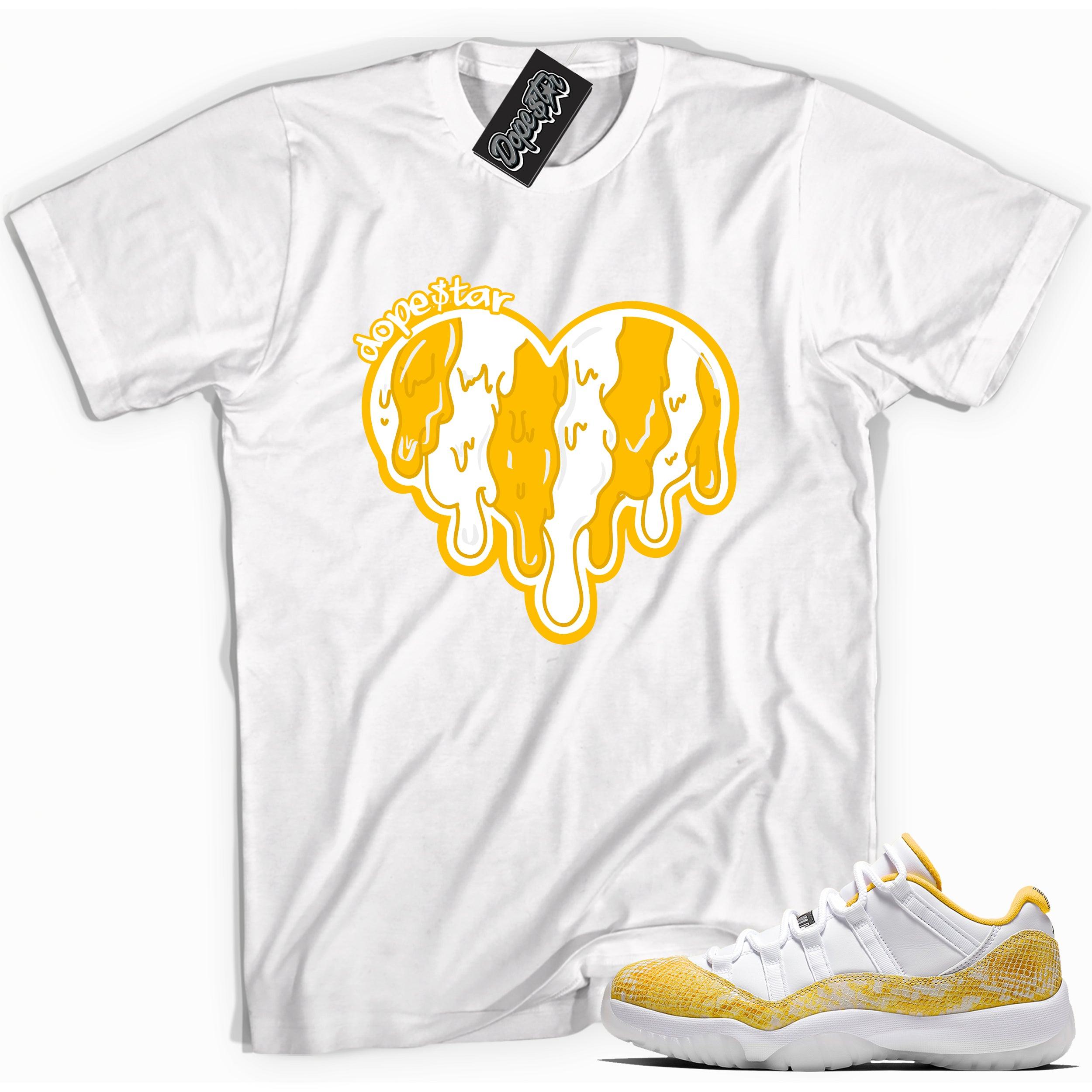 Cool white graphic tee with 'melting heart' print, that perfectly matches Air Jordan 11 Low Yellow Snakeskin sneakers