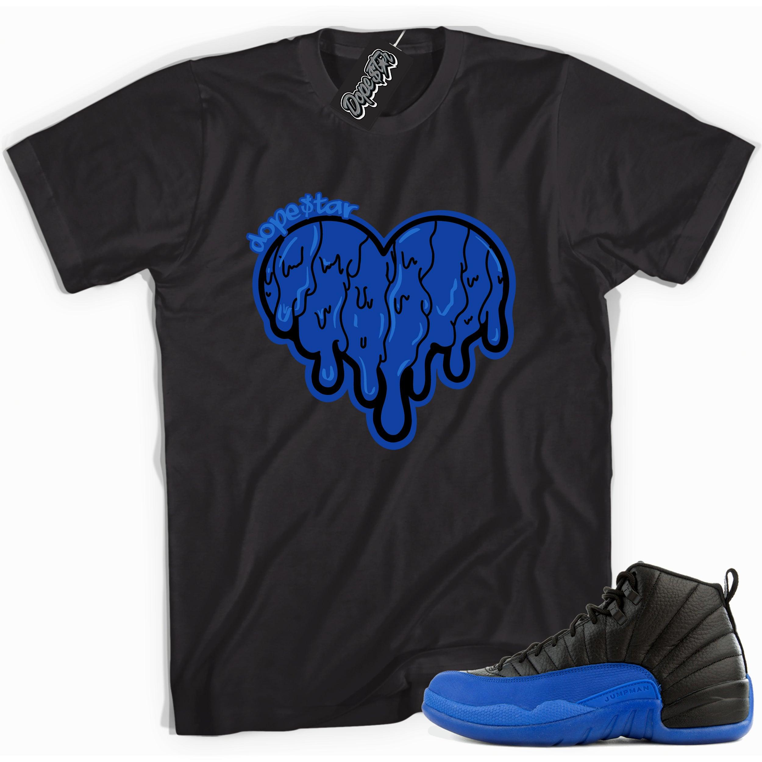 Cool black graphic tee with 'melting heart dopestar' print, that perfectly matches  Air Jordan 12 Retro Black Game Royal sneakers.