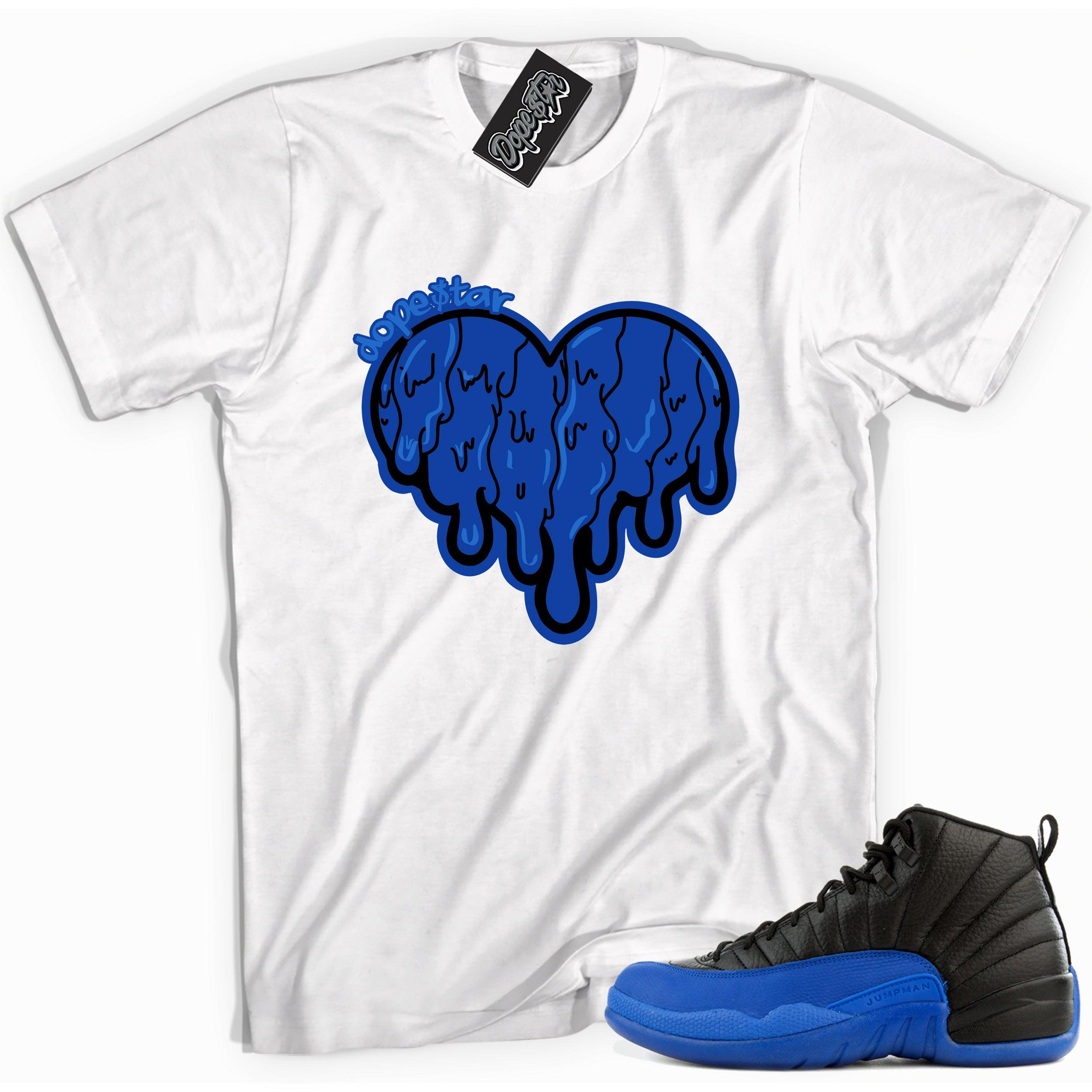 Cool white graphic tee with 'melting heart dopestar' print, that perfectly matches Air Jordan 12 Retro Black Game Royal sneakers.