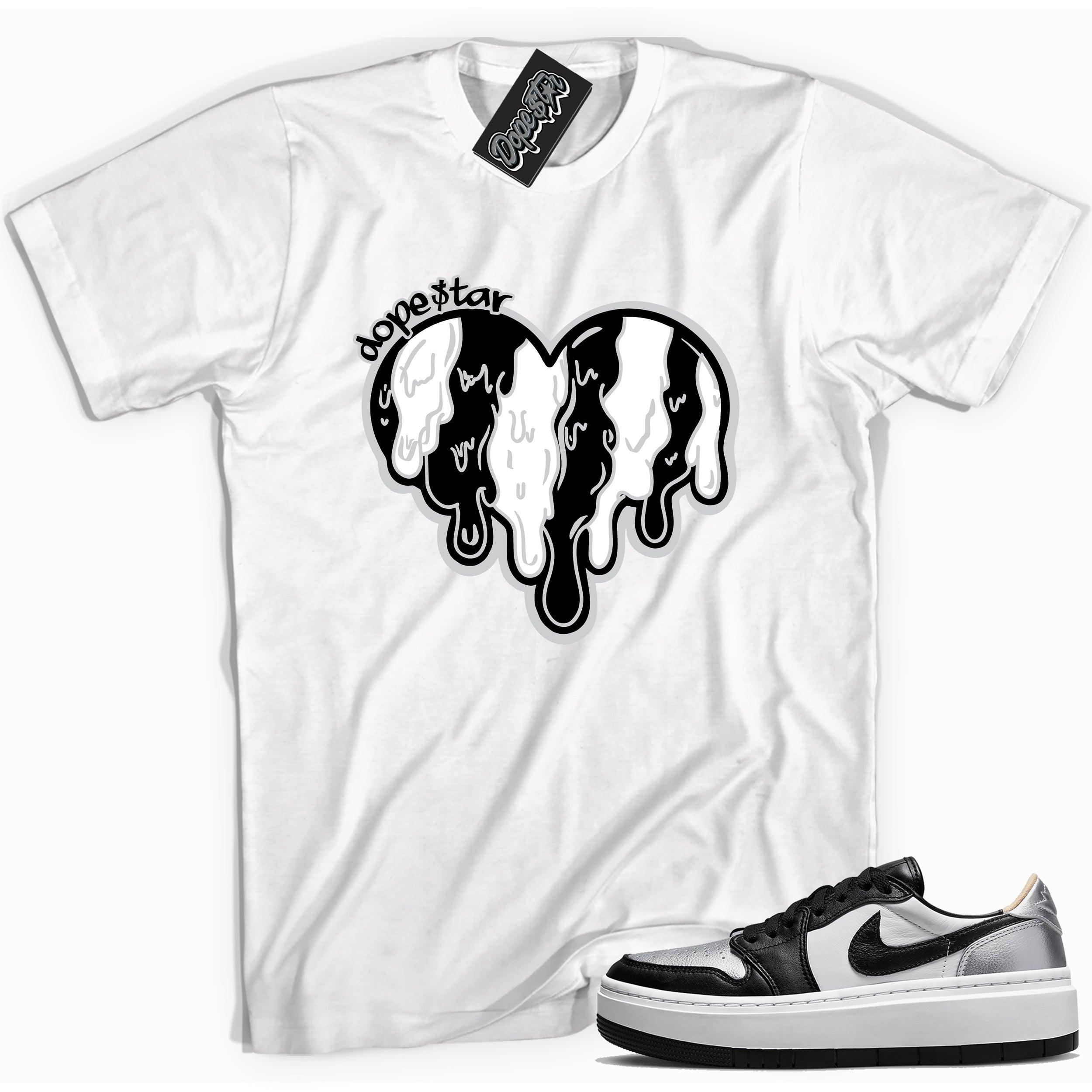 Cool white graphic tee with 'melting heart' print, that perfectly matches Air Jordan 1 Elevate Low SE Silver Toe sneakers.