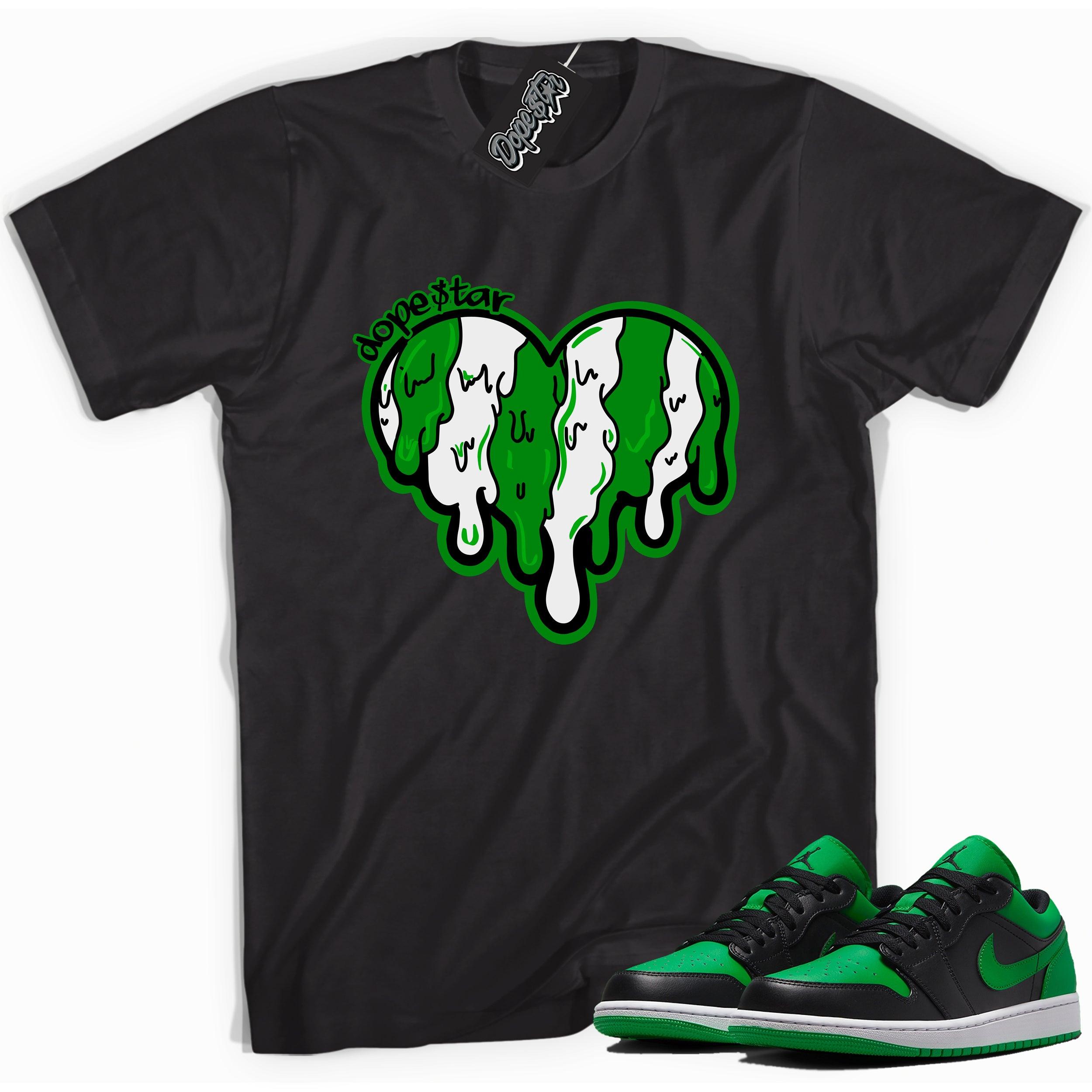 Cool black graphic tee with 'melting heart' print, that perfectly matches Air Jordan 1 Low Lucky Green sneakers
