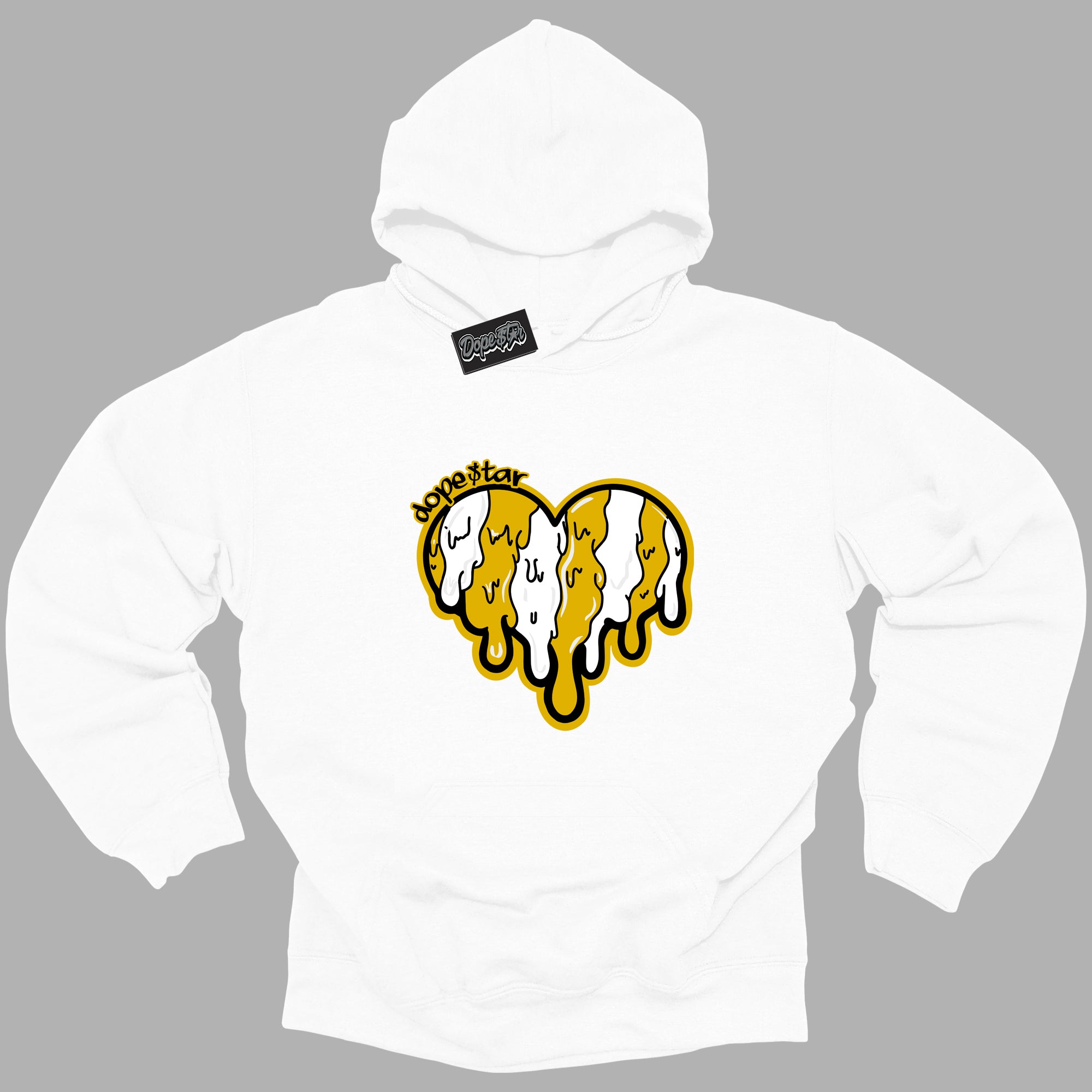 Cool White Hoodie with “ Melting Heart ”  design that Perfectly Matches Yellow Ochre 6s Sneakers.