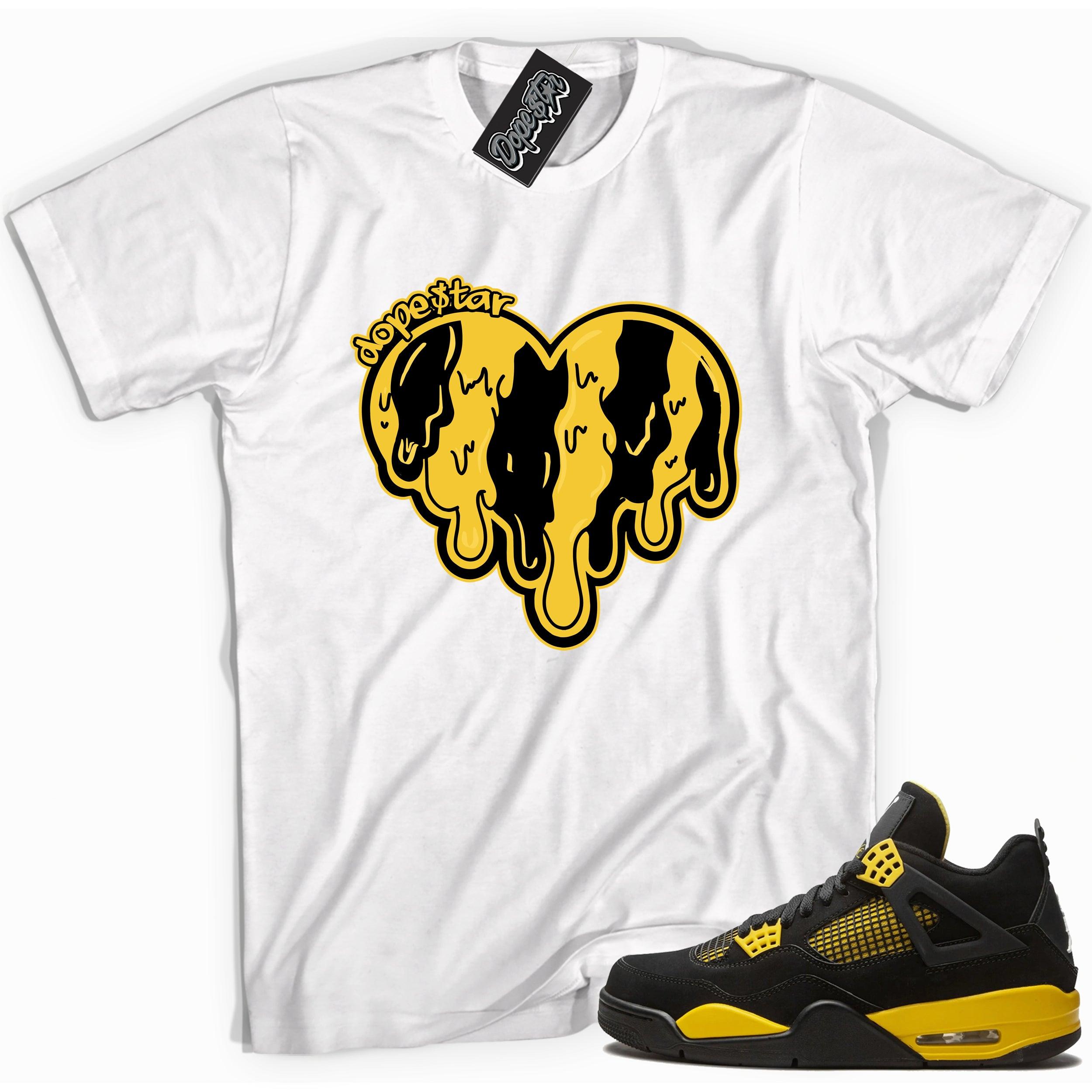 Cool white graphic tee with 'melting heart' print, that perfectly matches Air Jordan 4 Thunder sneakers