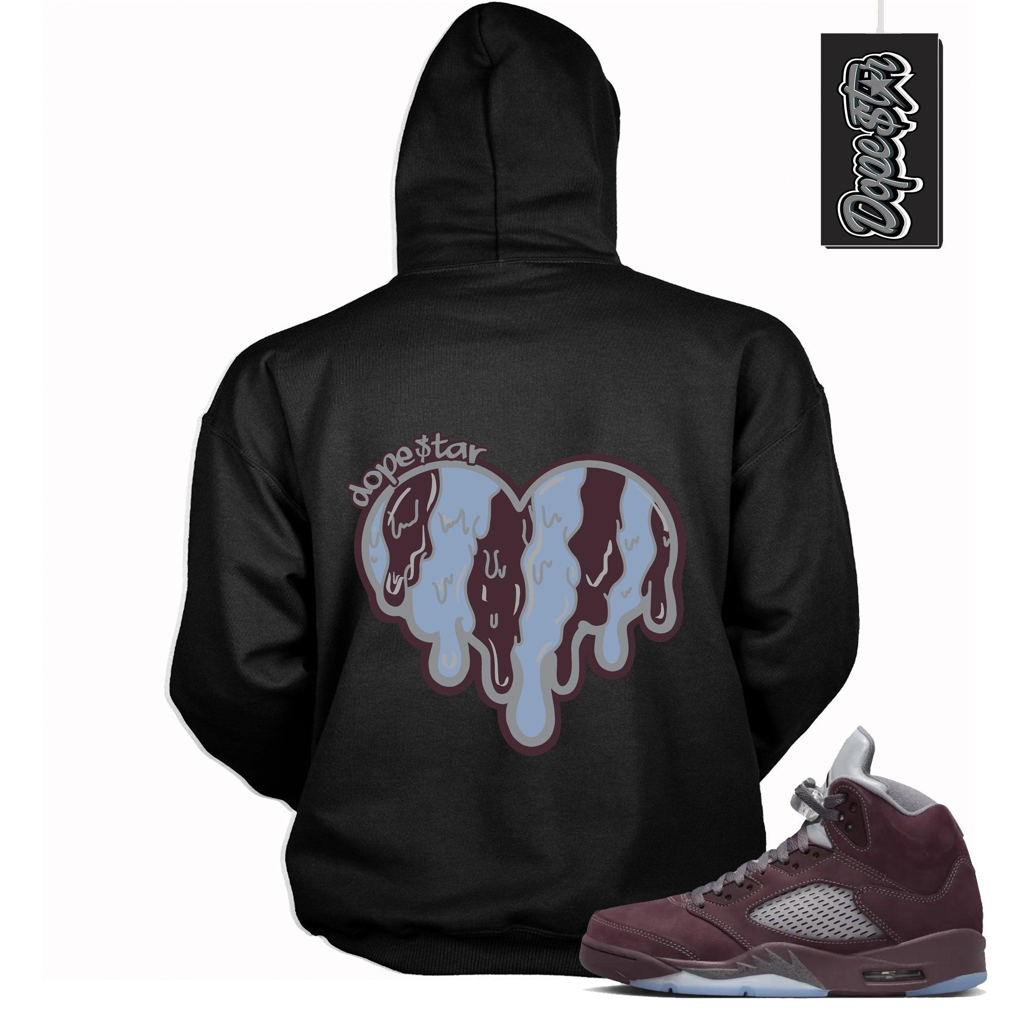 Cool Black Graphic Hoodie with “ Melting Heart  “ print, that perfectly matches Air Jordan 5 Burgundy 2023 sneakers