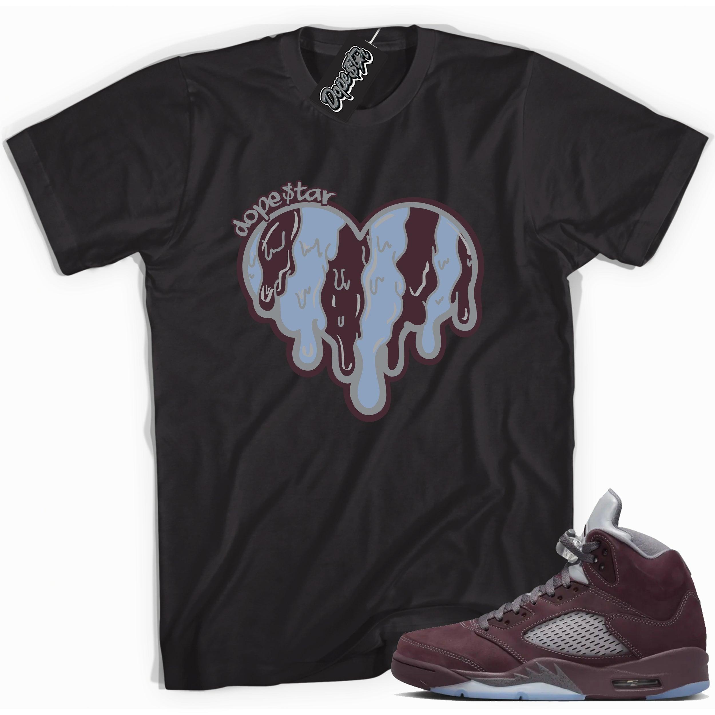 Cool Black graphic tee with “ Melting Heart ” print, that perfectly matches Air Jordan 5 Burgundy 2023 sneakers 