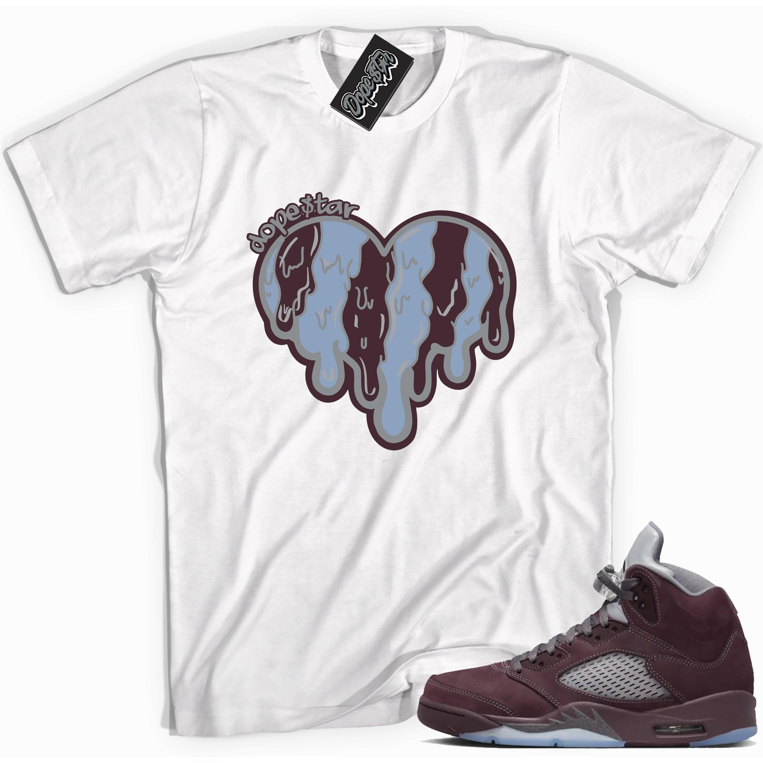 Cool White graphic tee with “ Melting Heart” print, that perfectly matches Air Jordan 5 Burgundy 2023 sneakers 