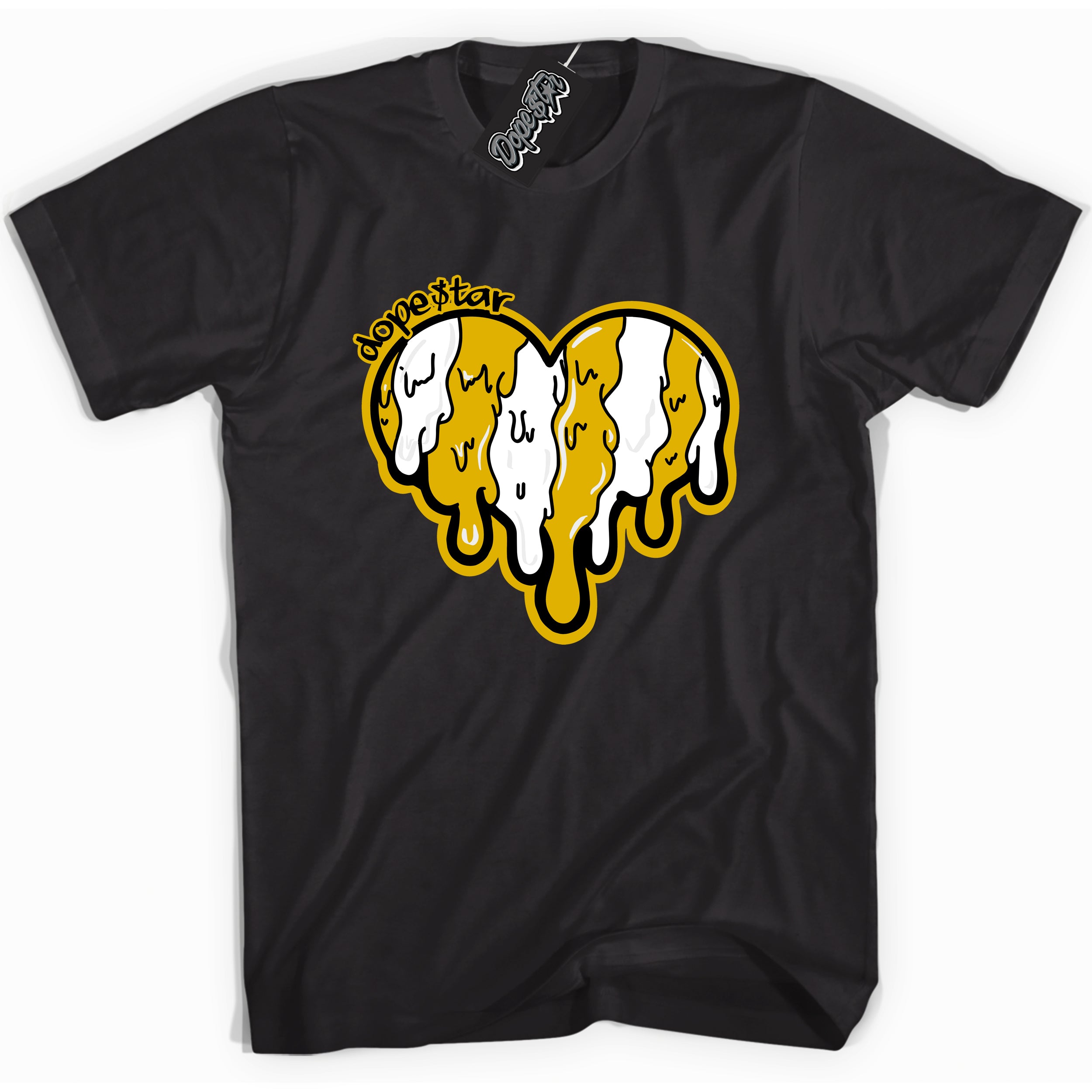 Cool Black Shirt with “ Melting Heart ” design that perfectly matches Yellow Ochre 6s Sneakers.