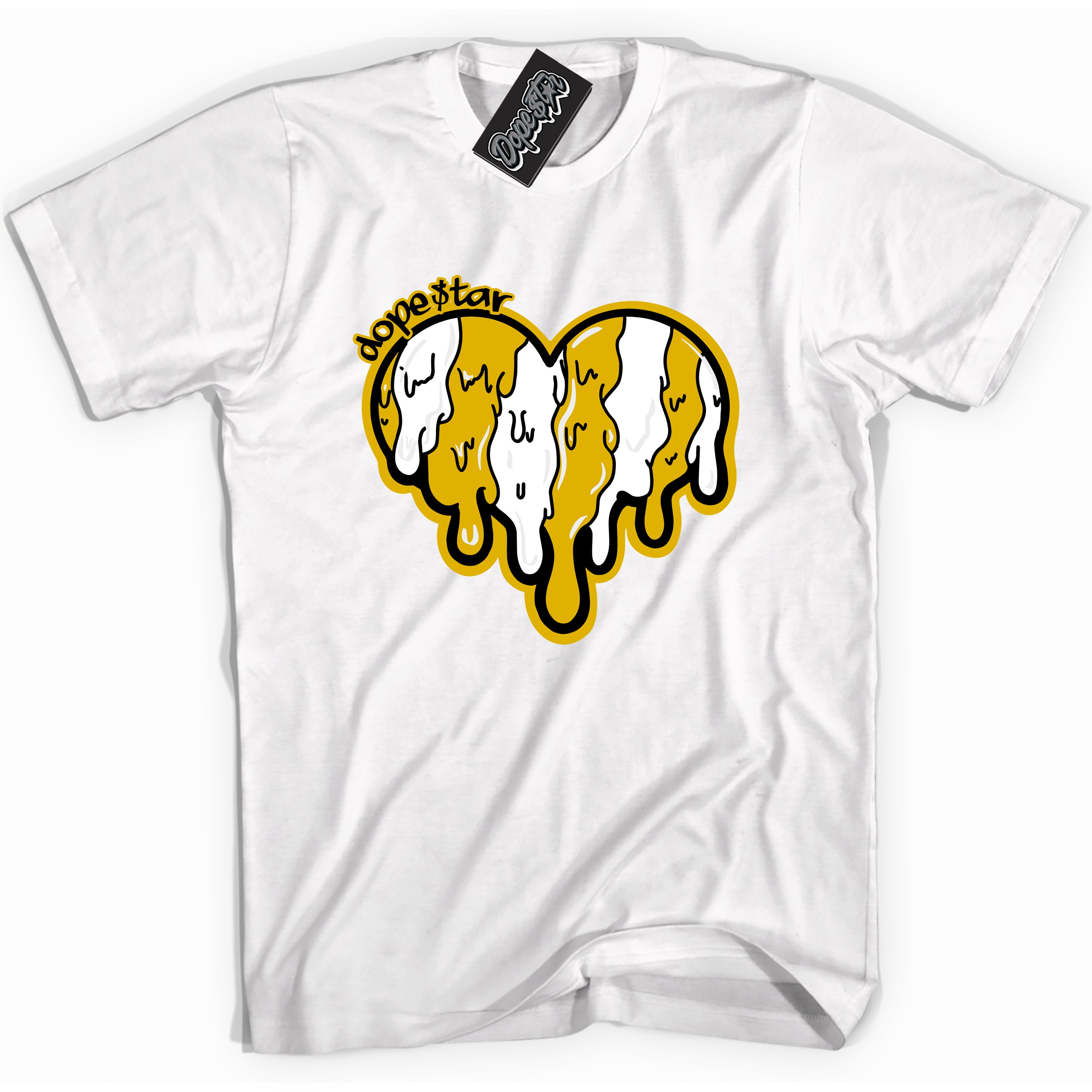 Cool White Shirt with “ Melting Heart” design that perfectly matches Yellow Ochre 6s Sneakers.