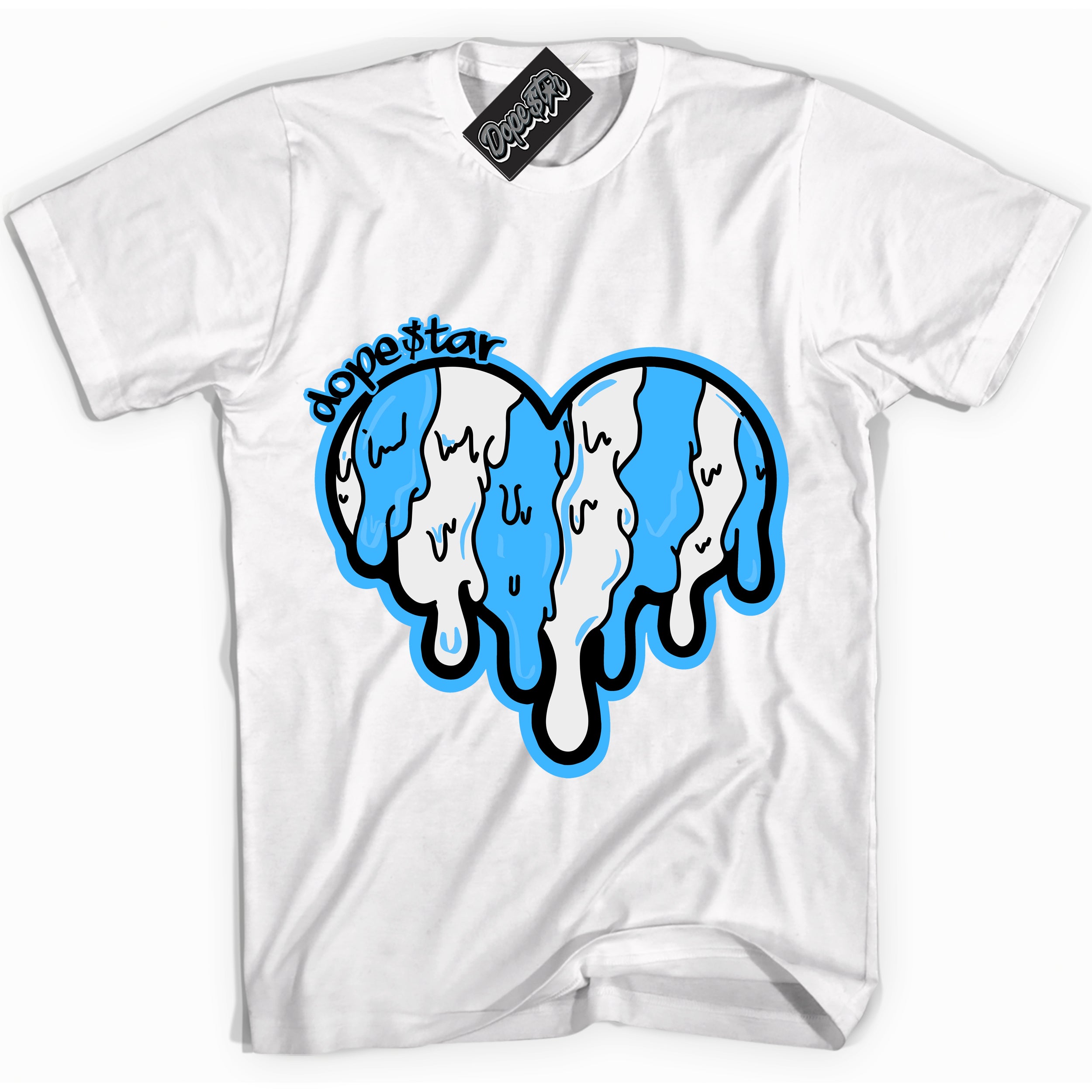 Cool White graphic tee with “ Melting Heart ” design, that perfectly matches Powder Blue 9s sneakers 
