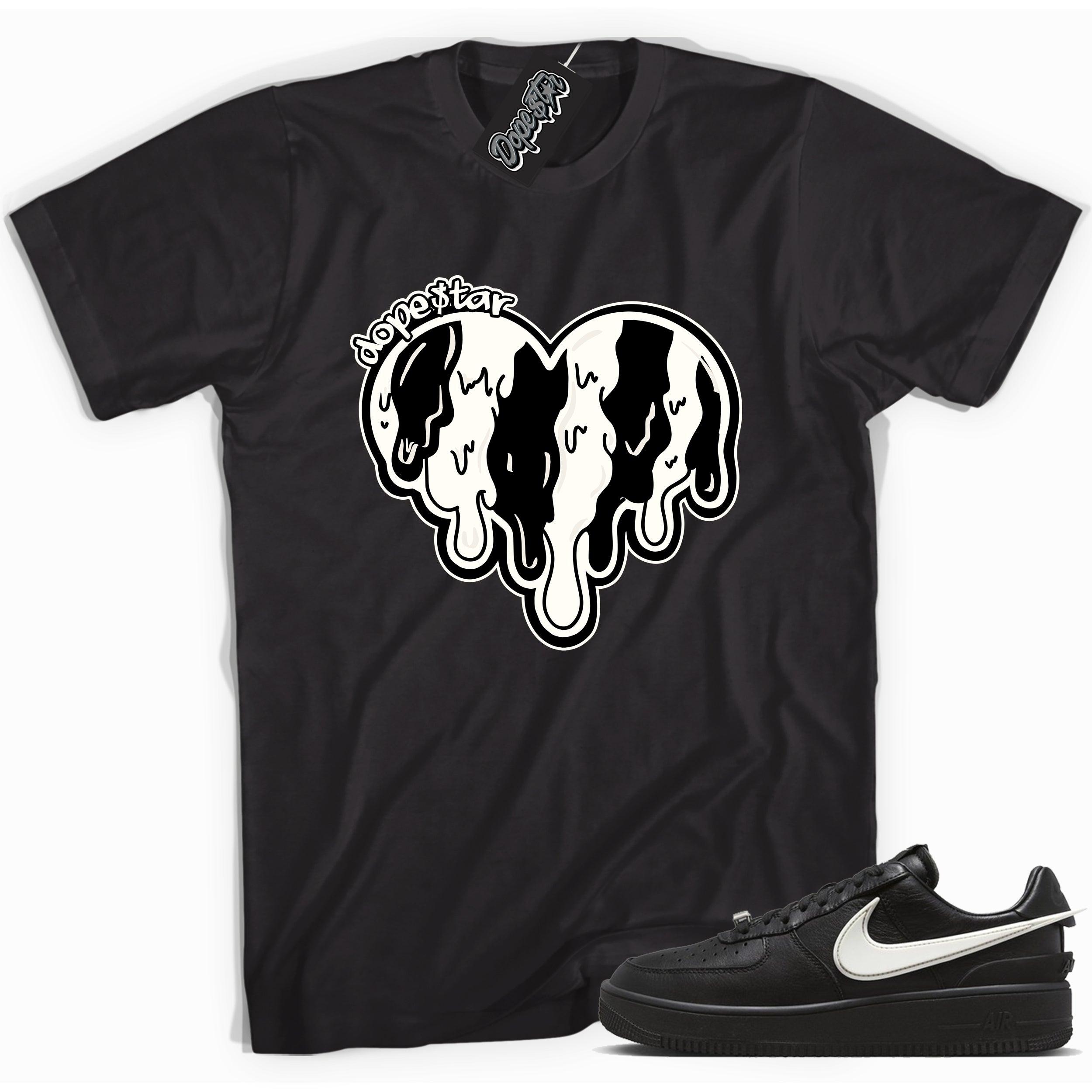 Cool black graphic tee with 'melting heart' print, that perfectly matches Nike Air Force 1 Low SP Ambush Phantom sneakers.