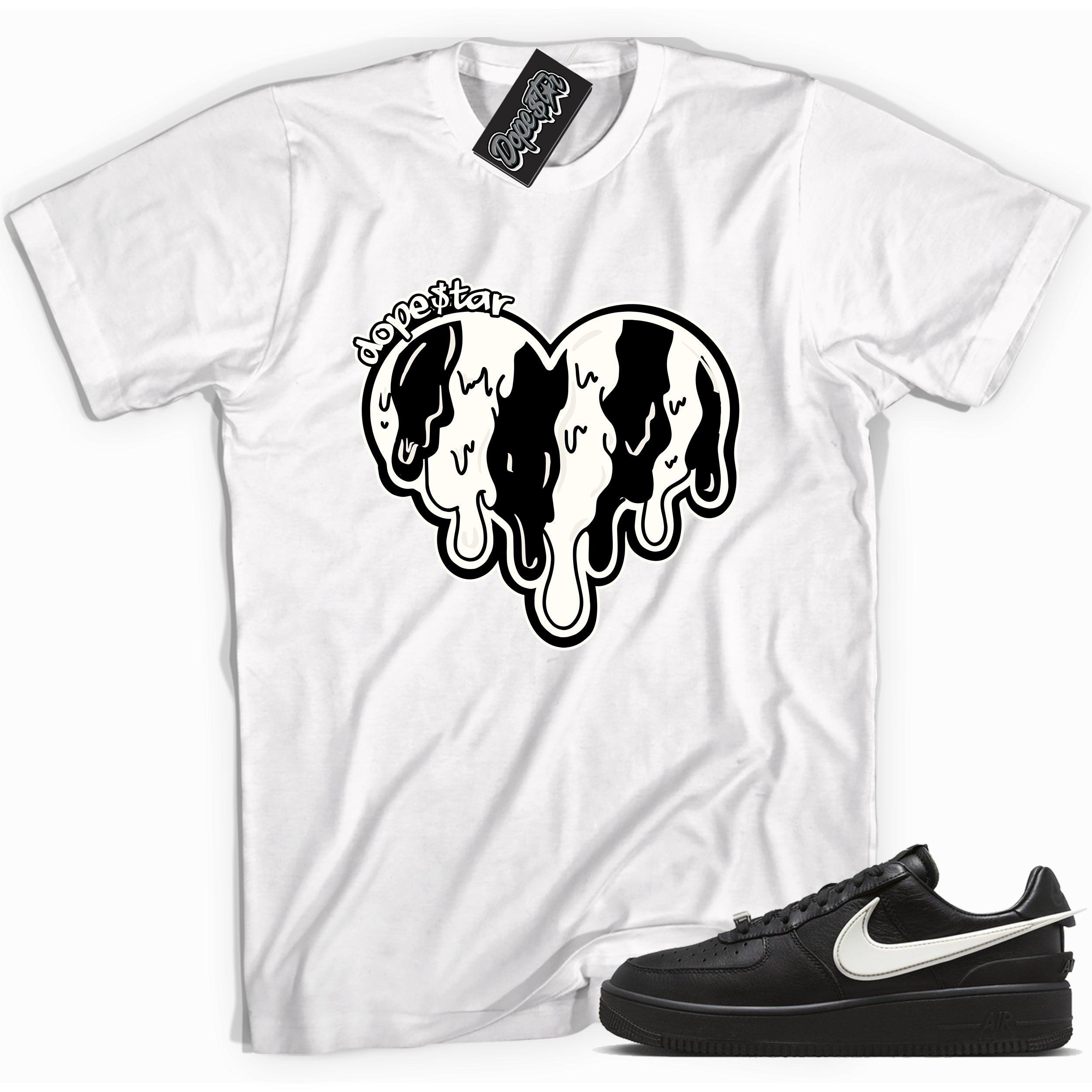 Cool white graphic tee with 'melting heart' print, that perfectly matches Nike Air Force 1 Low SP Ambush Phantom sneakers.