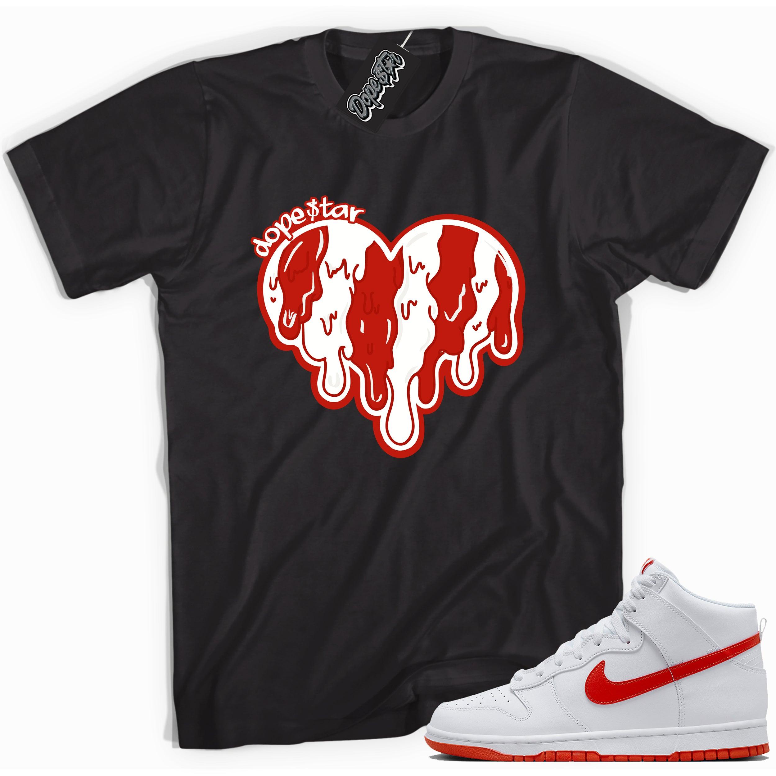 Cool black graphic tee with 'melting heart dope star' print, that perfectly matches Nike Dunk High White Picante Red sneakers.