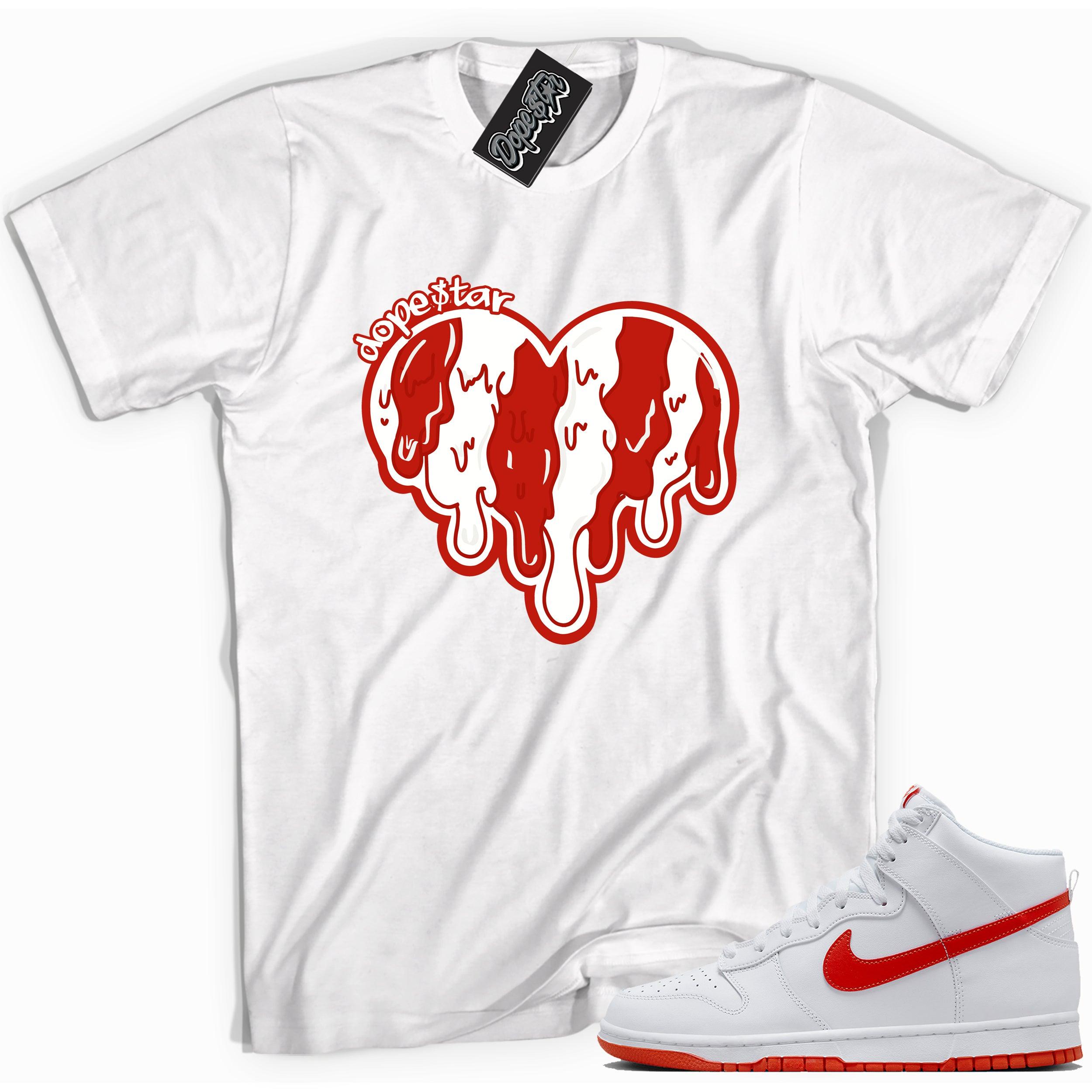 Cool white graphic tee with 'melting heart dope star' print, that perfectly matches Nike Dunk High White Picante Red sneakers.