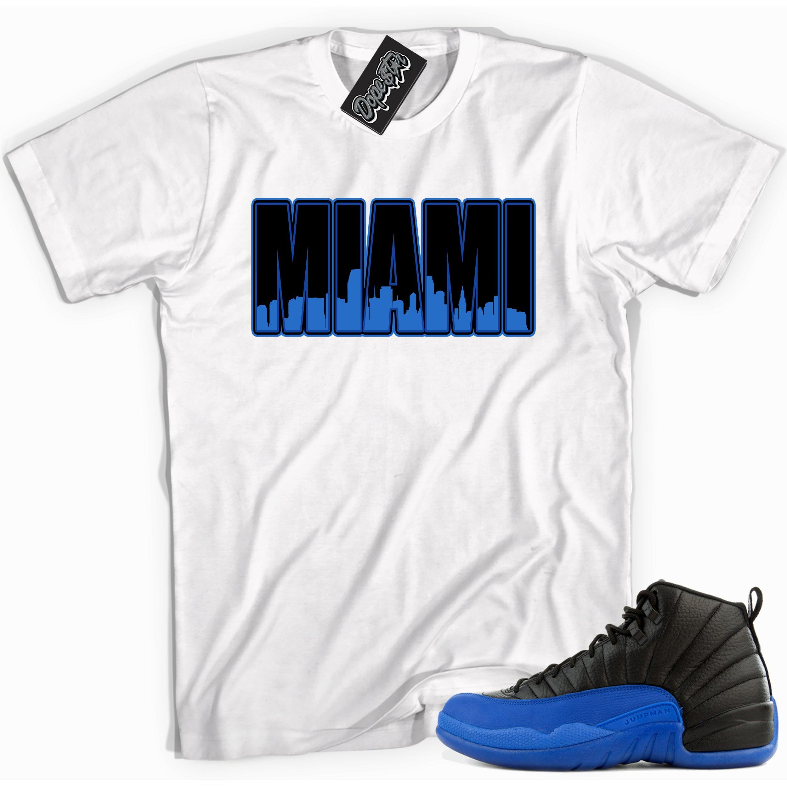 Cool white graphic tee with 'miami' print, that perfectly matches Air Jordan 12 Retro Black Game Royal sneakers.