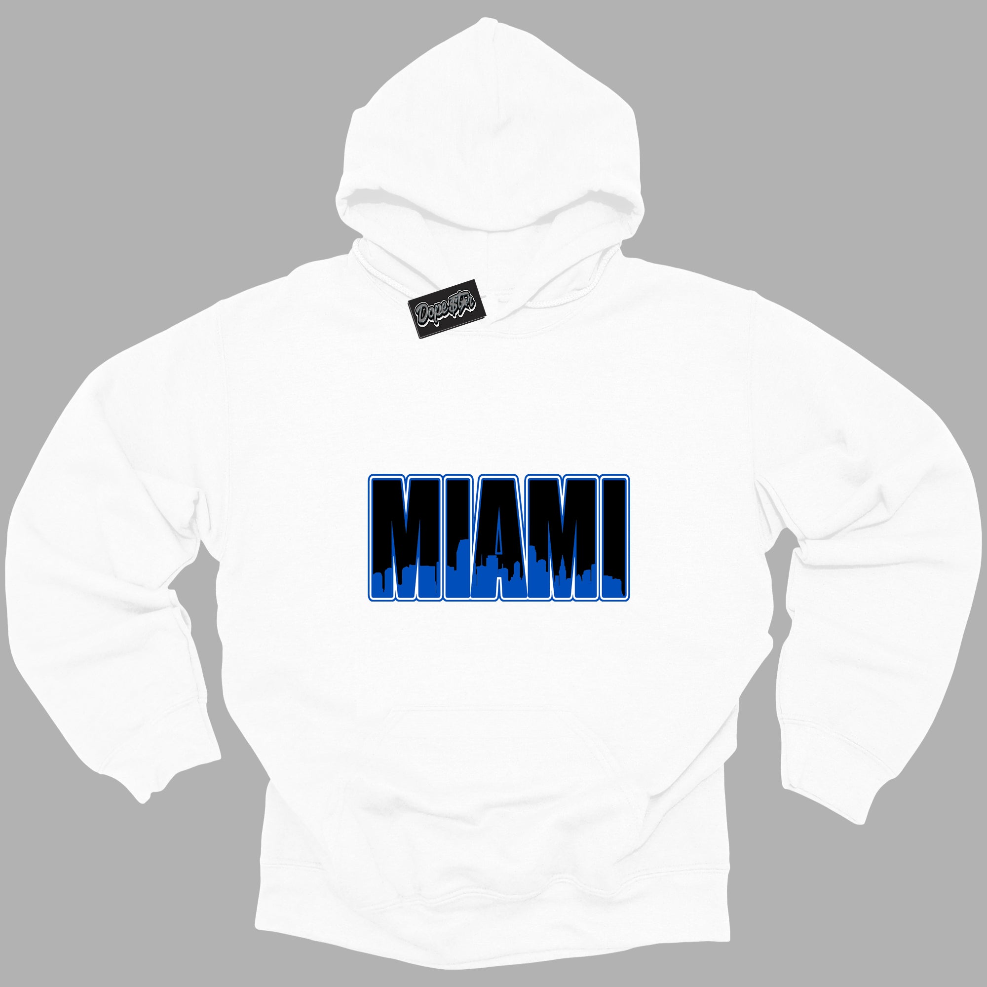 Cool White Hoodie with “ Miami ”  design that Perfectly Matches Royal Reimagined 1s Sneakers.