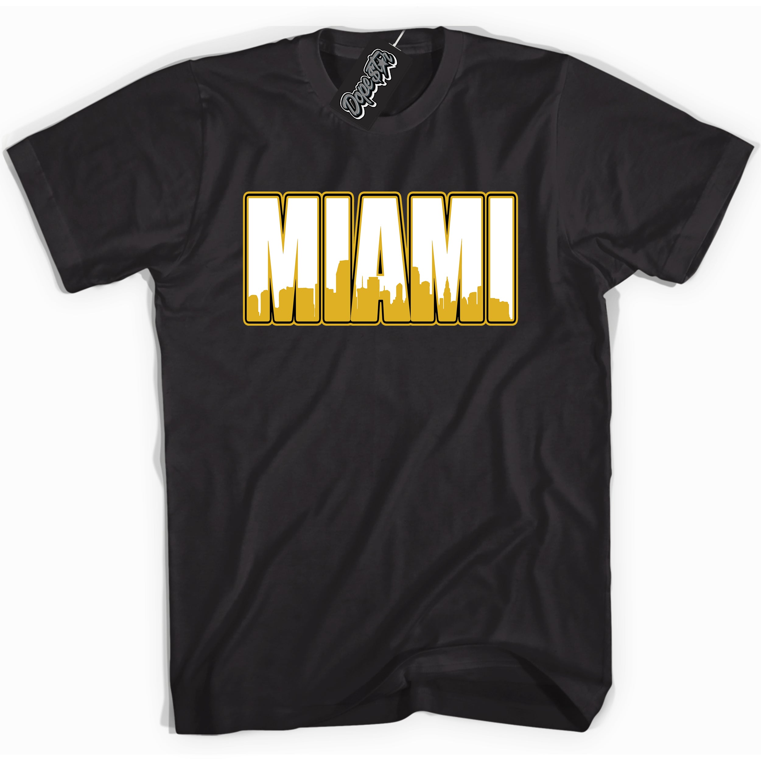 Cool Black Shirt with “ Miami ” design that perfectly matches Yellow Ochre 6s Sneakers.