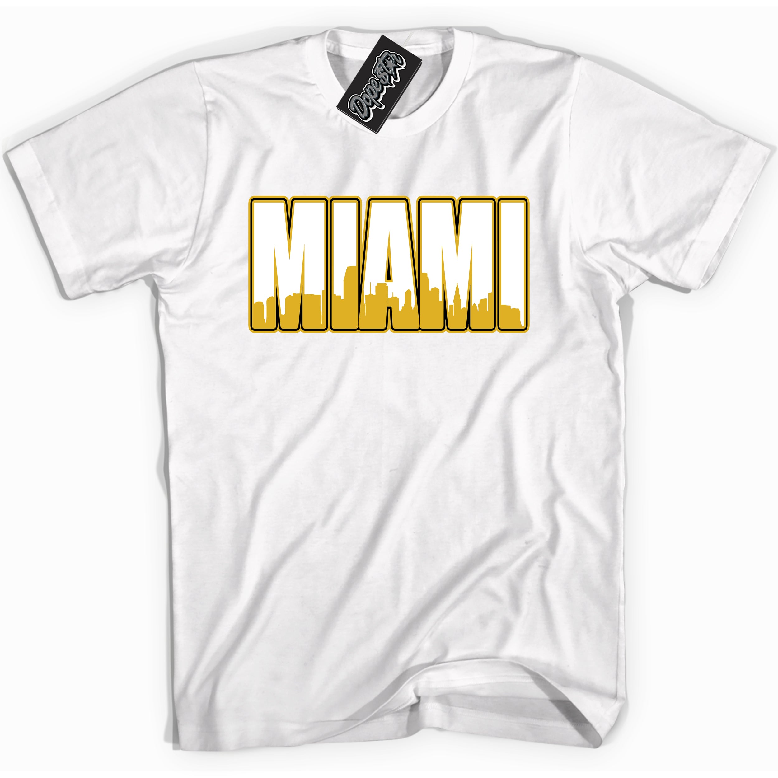Cool White Shirt with “ Miami” design that perfectly matches Yellow Ochre 6s Sneakers.