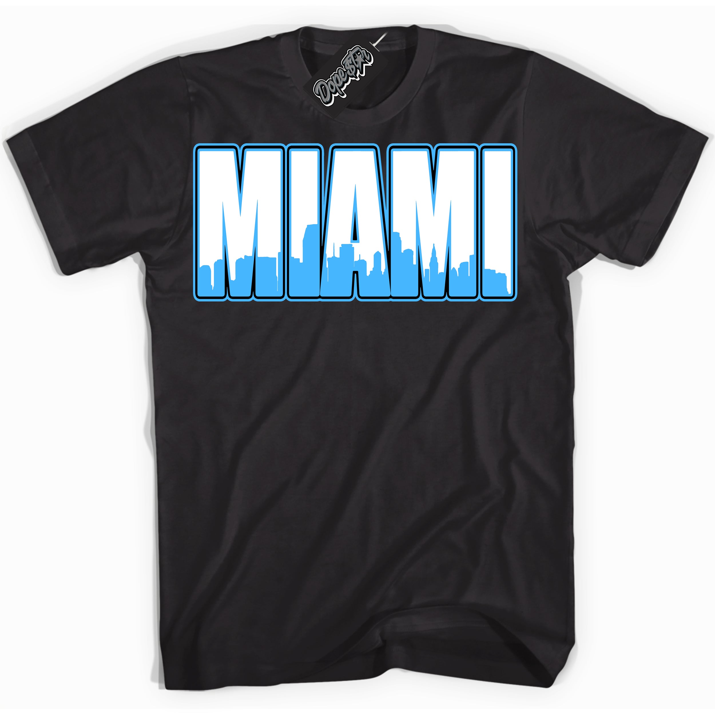 Cool Black graphic tee with “ Miami ” design, that perfectly matches Powder Blue 9s sneakers 