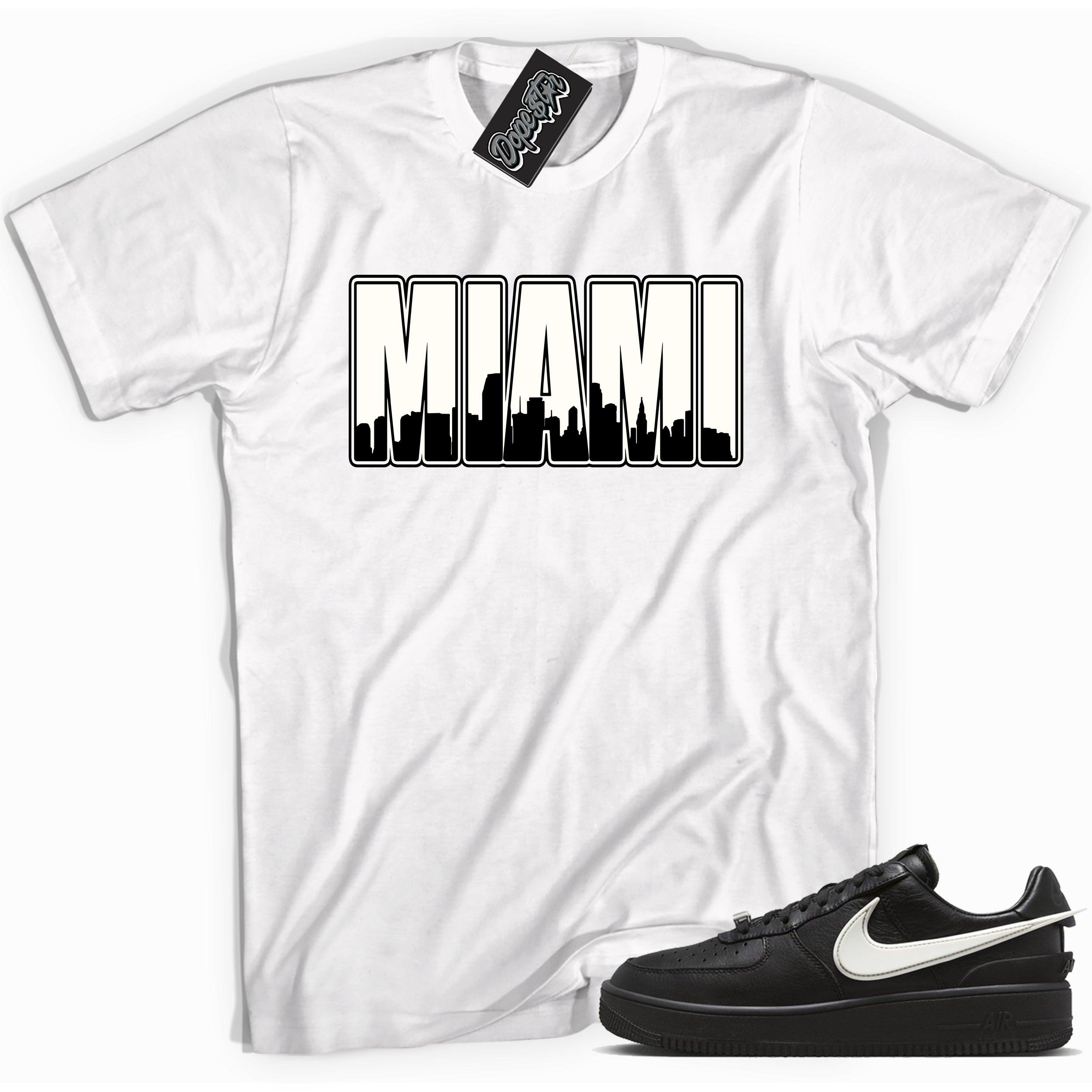 Cool white graphic tee with 'miami' print, that perfectly matches Nike Air Force 1 Low SP Ambush Phantom sneakers.