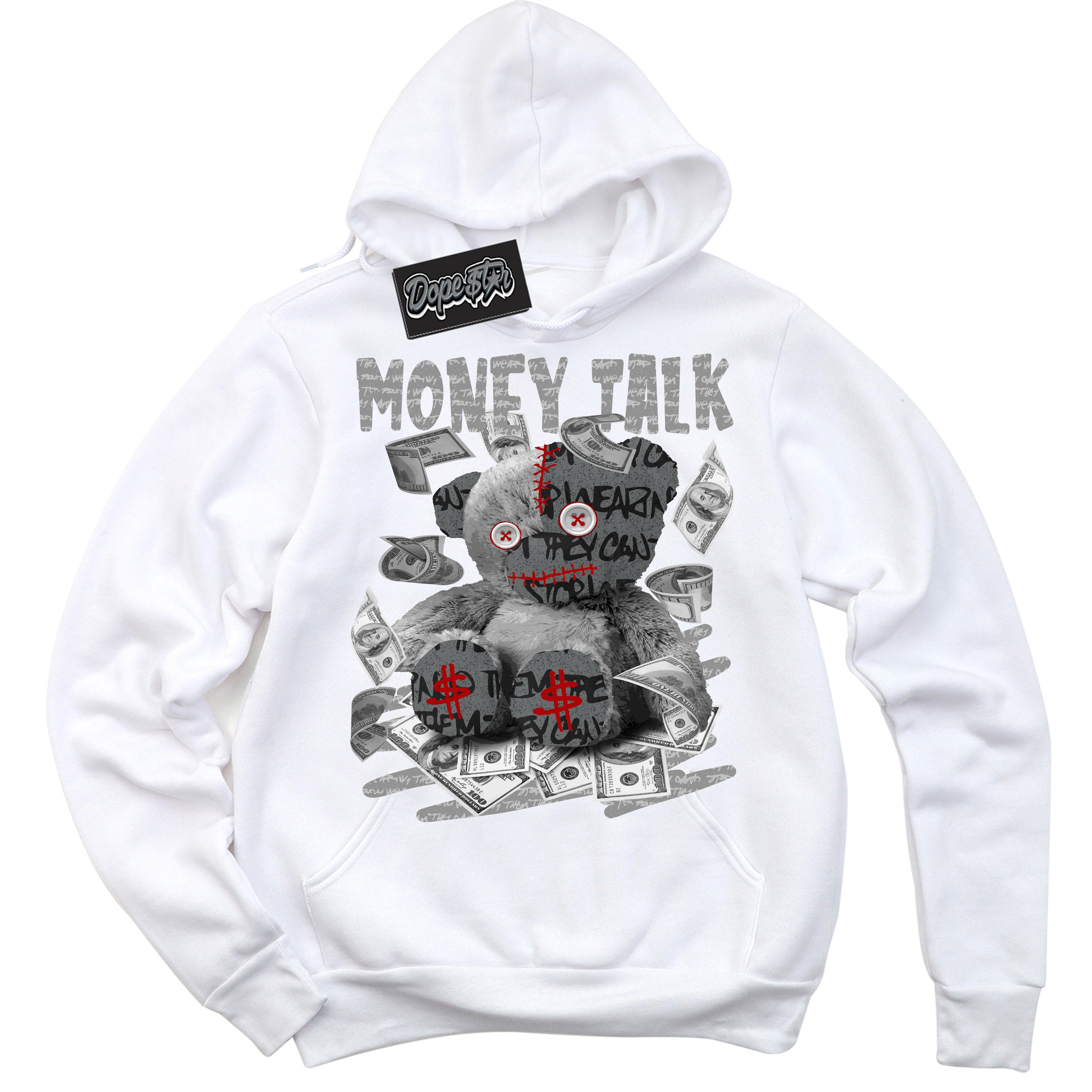 Cool White Hoodie with “ Money Talk Bear ”  design that Perfectly Matches Rebellionaire 1s Sneakers.