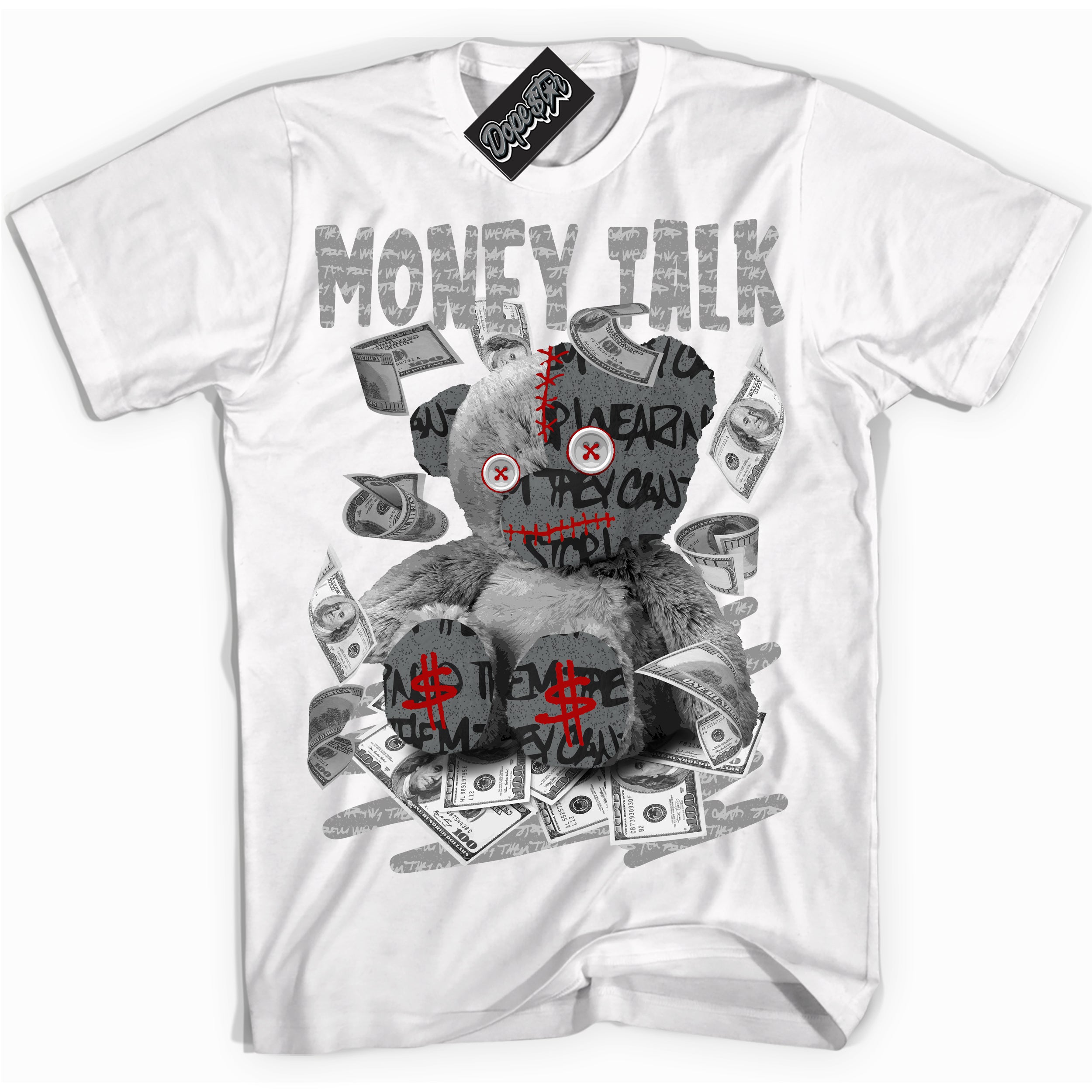 Cool White Shirt with “ Money Talk Bear ” design that perfectly matches Rebellionaire 1s Sneakers.