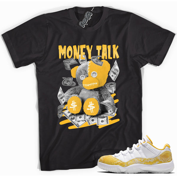 Cool black graphic tee with 'money talk bear' print, that perfectly matches  Air Jordan 11 Retro Low Yellow Snakeskin sneakers