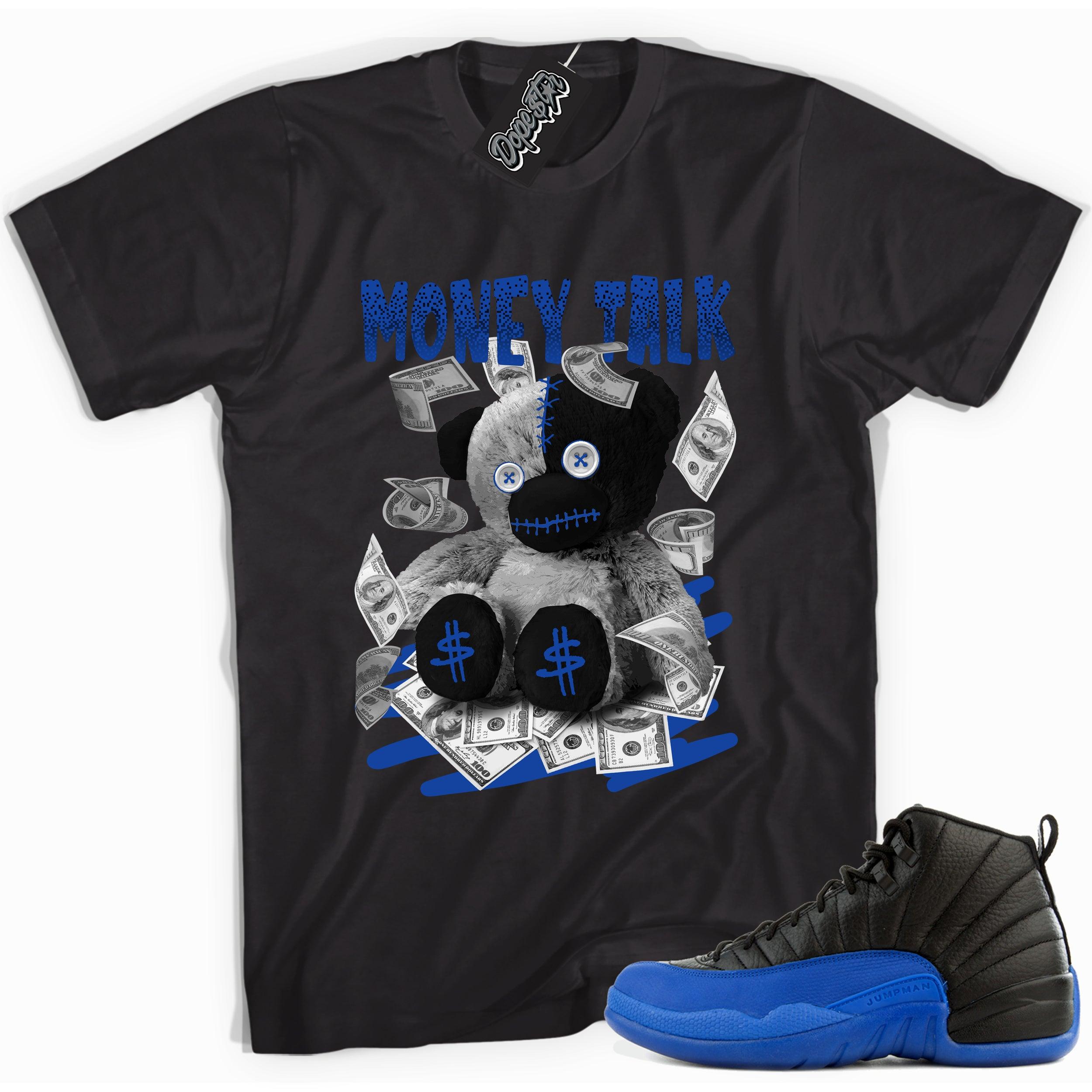 Cool black graphic tee with 'money talk bear' print, that perfectly matches  Air Jordan 12 Retro Black Game Royal sneakers.