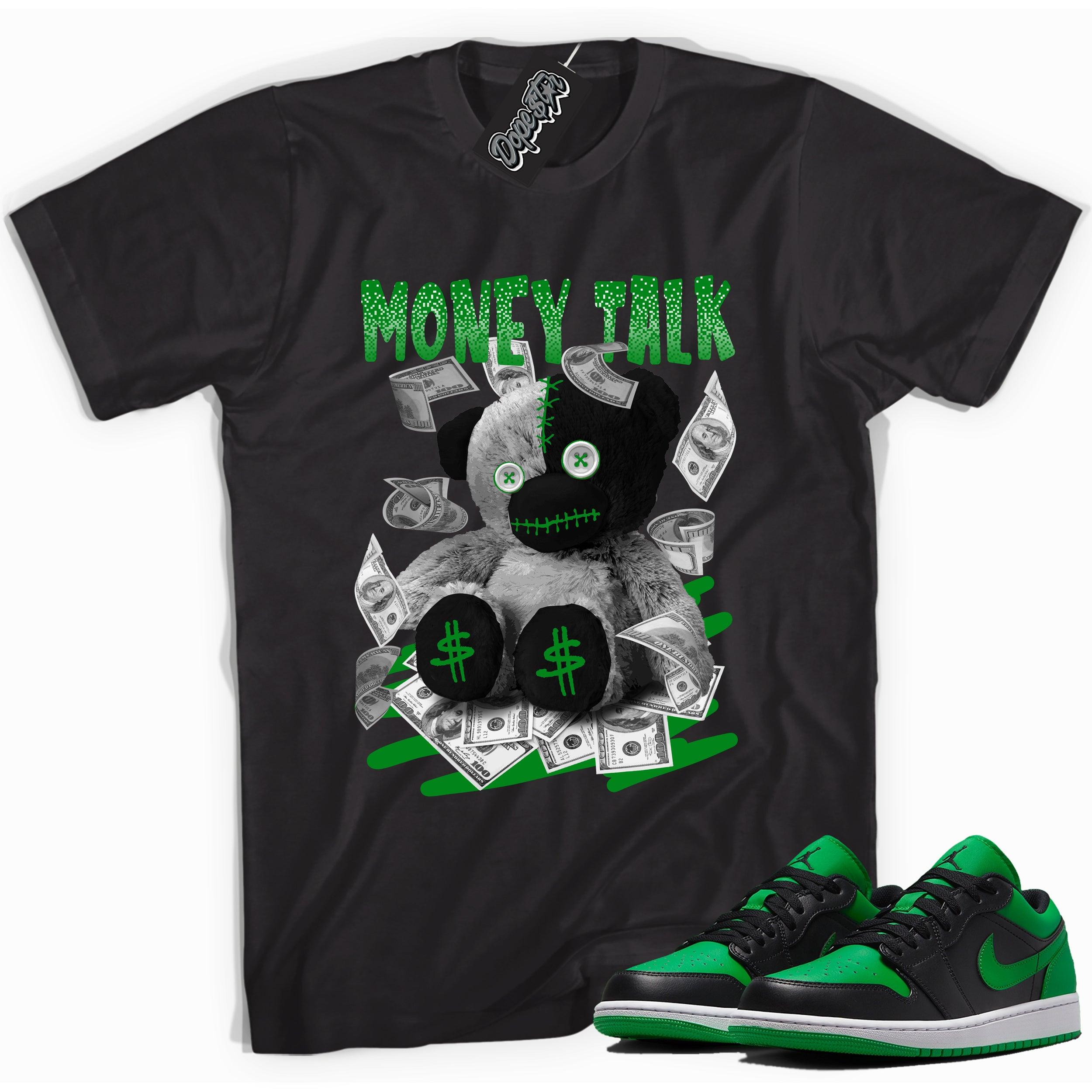 Cool black graphic tee with 'money talk bear' print, that perfectly matches Air Jordan 1 Low Lucky Green sneakers