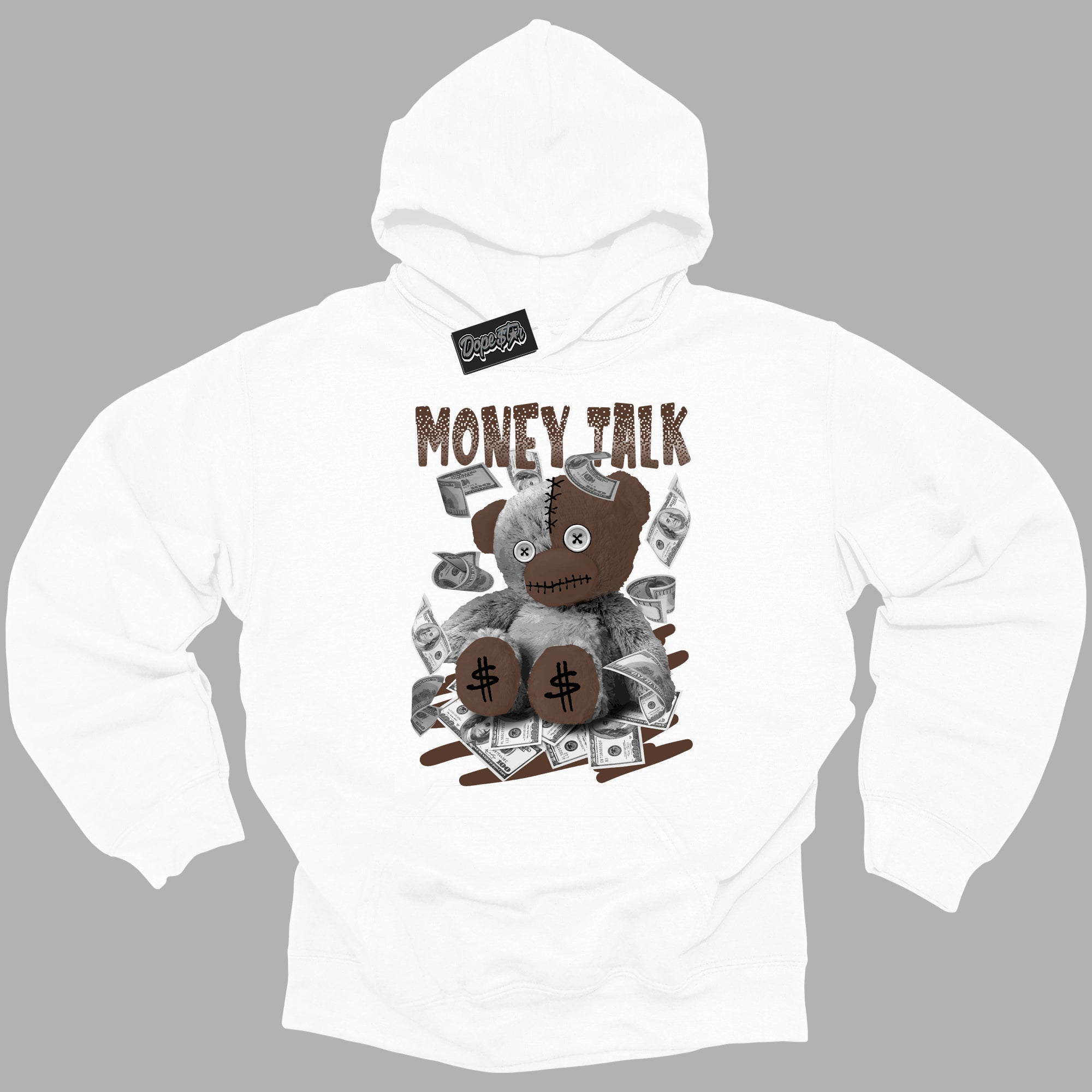 Cool White Graphic DopeStar Hoodie with “ Money Talk Bear “ print, that perfectly matches Palomino 1s sneakers