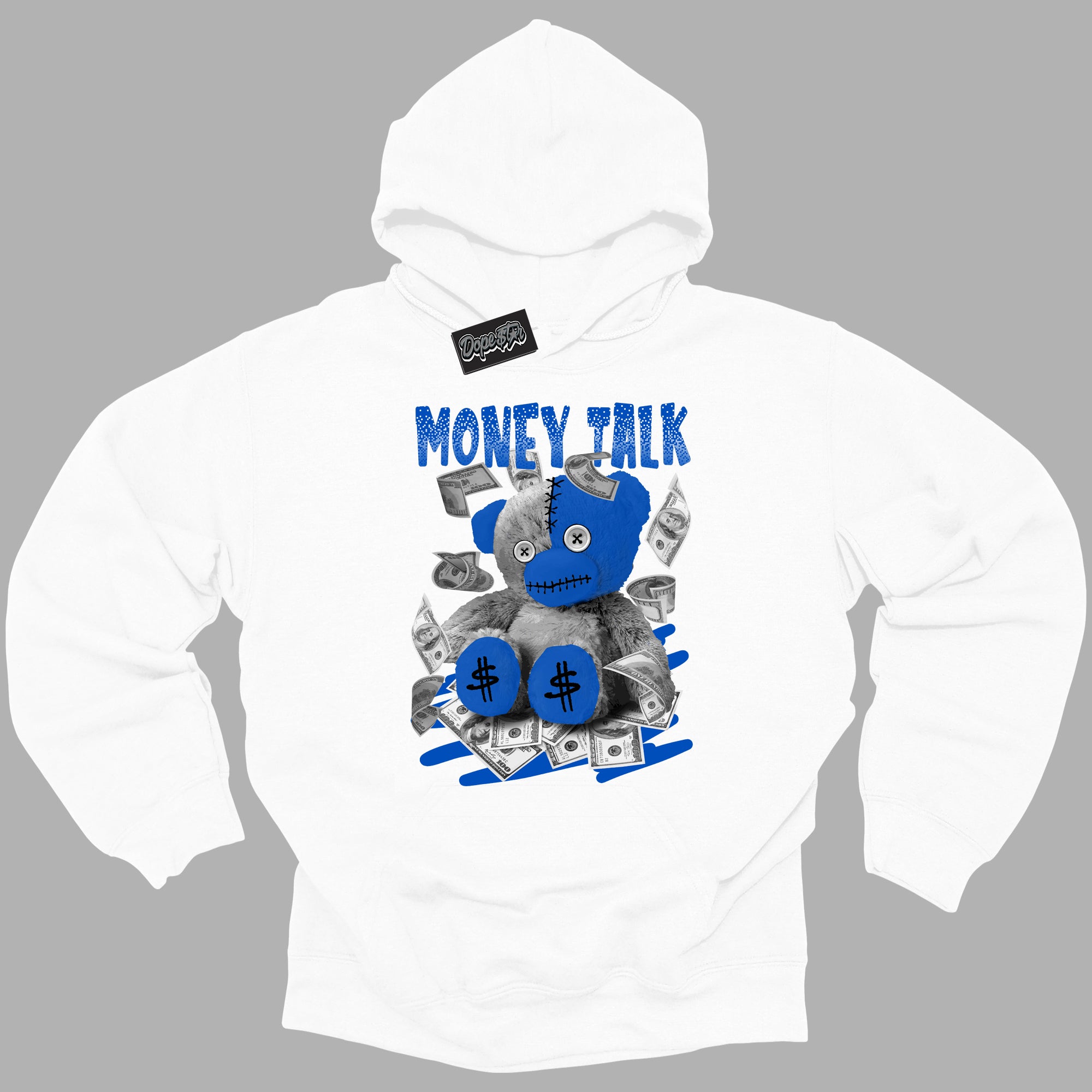 Cool White Hoodie with “ Money Talk Bear ”  design that Perfectly Matches Royal Reimagined 1s Sneakers.