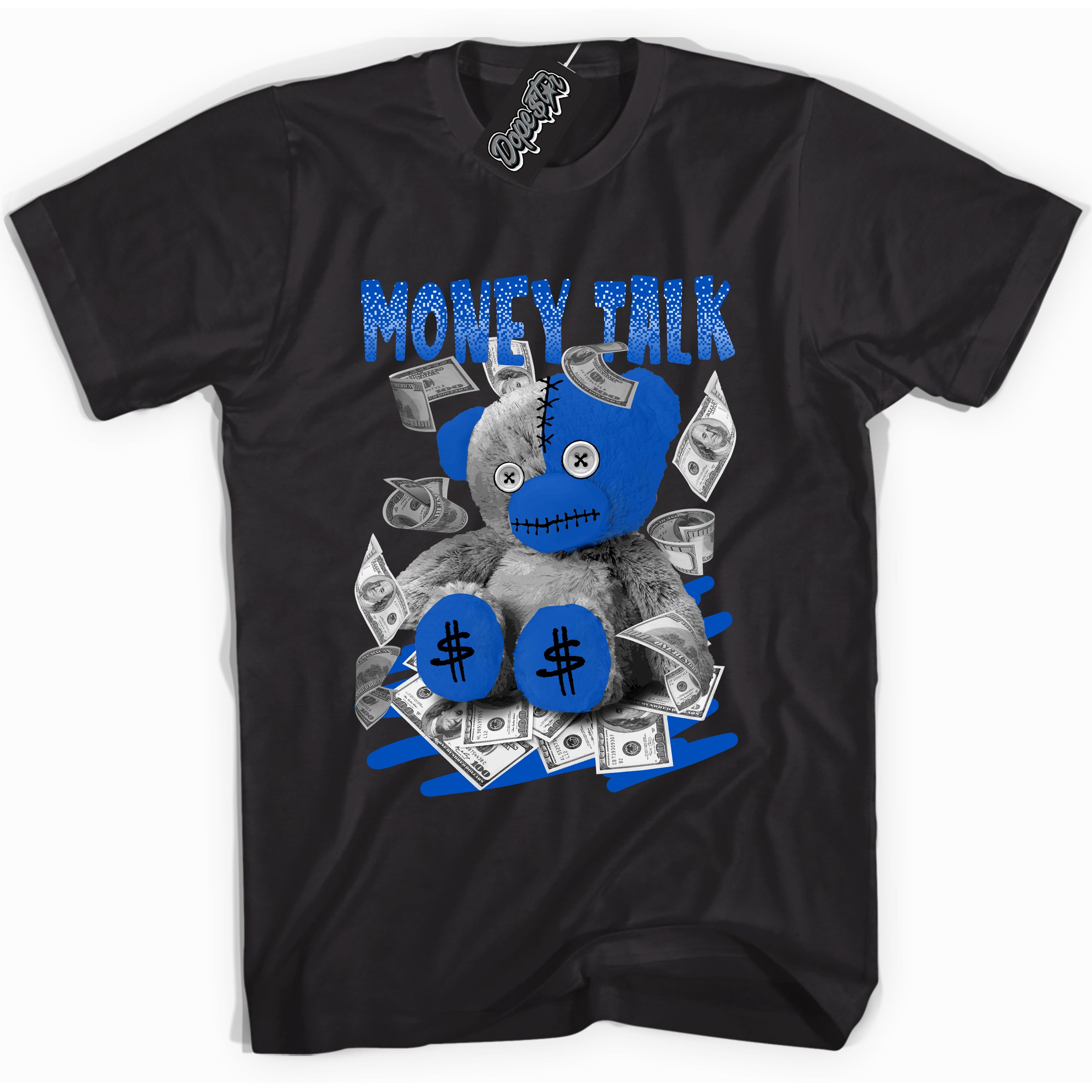 Cool Black graphic tee with "Money Talk Bear" design, that perfectly matches Royal Reimagined 1s sneakers 