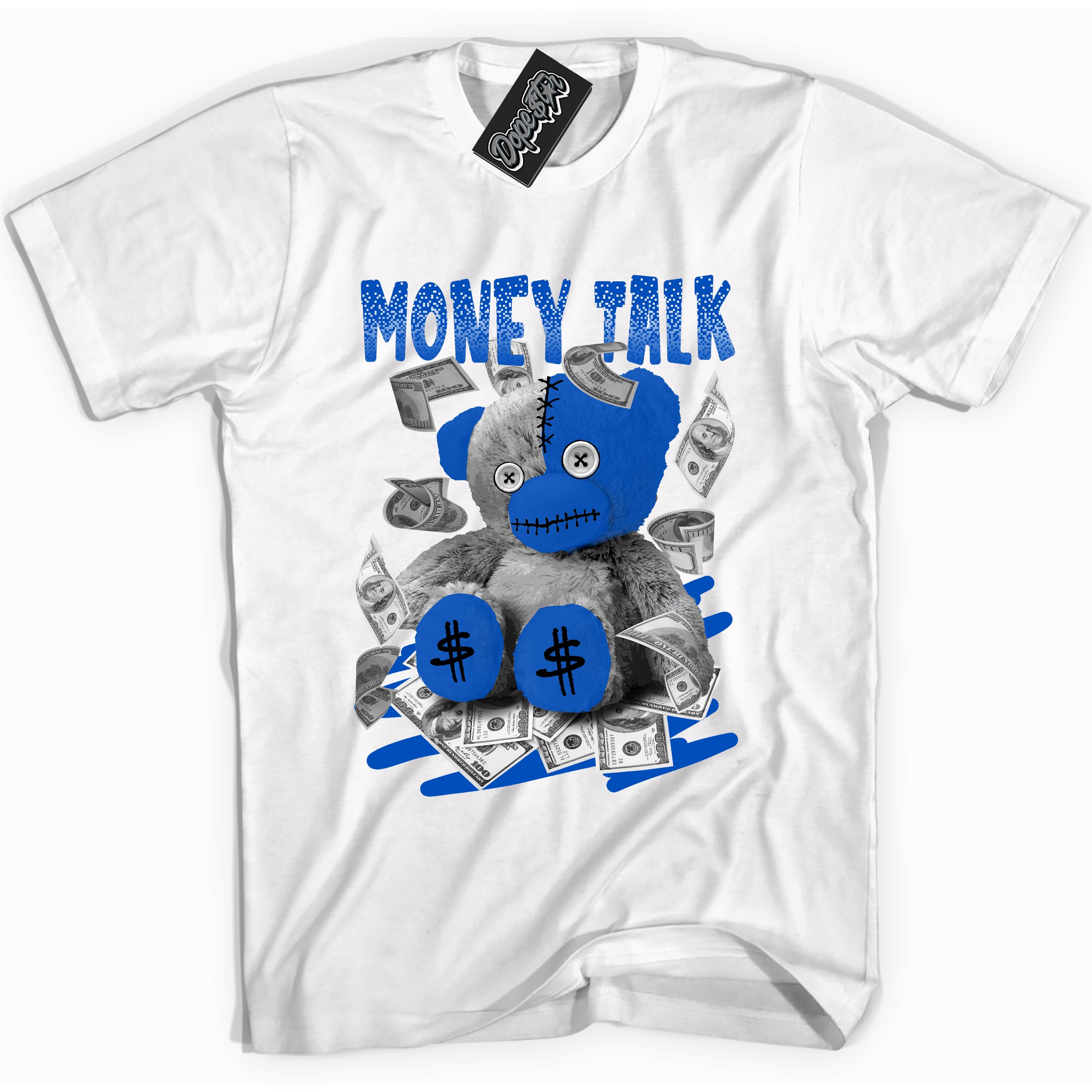 Cool White graphic tee with "Money Talk Bear" design, that perfectly matches Royal Reimagined 1s sneakers 